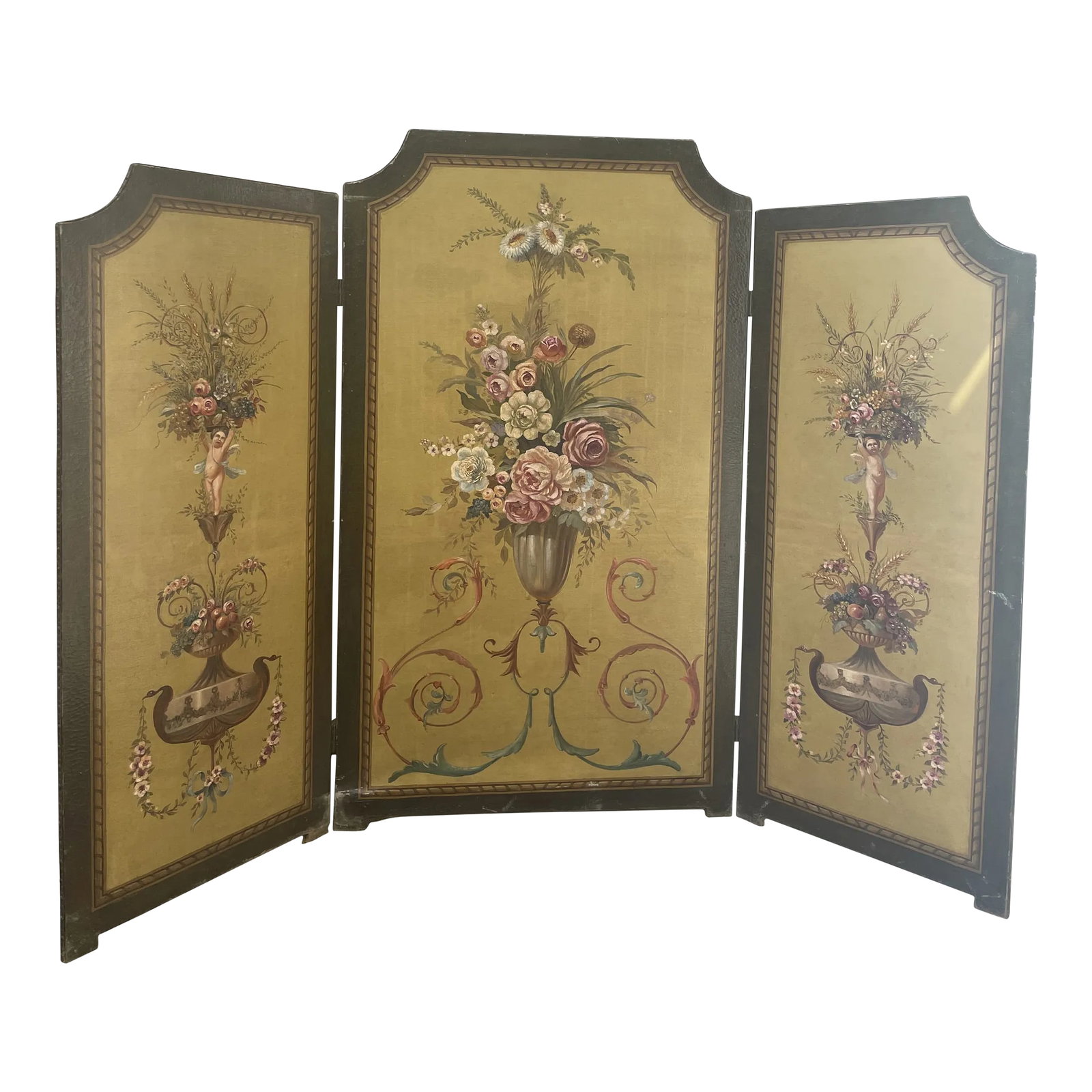 1820 French Paravent Screen: Elegant period screen restoration ( 1814-1830 ), oil on canvas with green water border, floral and angelots decoration, very fine paintings. Condition: Alterations: Original Condition Unaltered