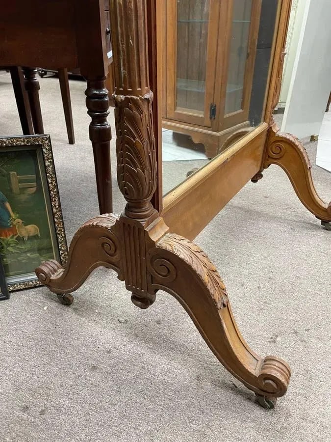 Antique Early 1900's Double Sided Hand Carved Mirror on Wheels - 3