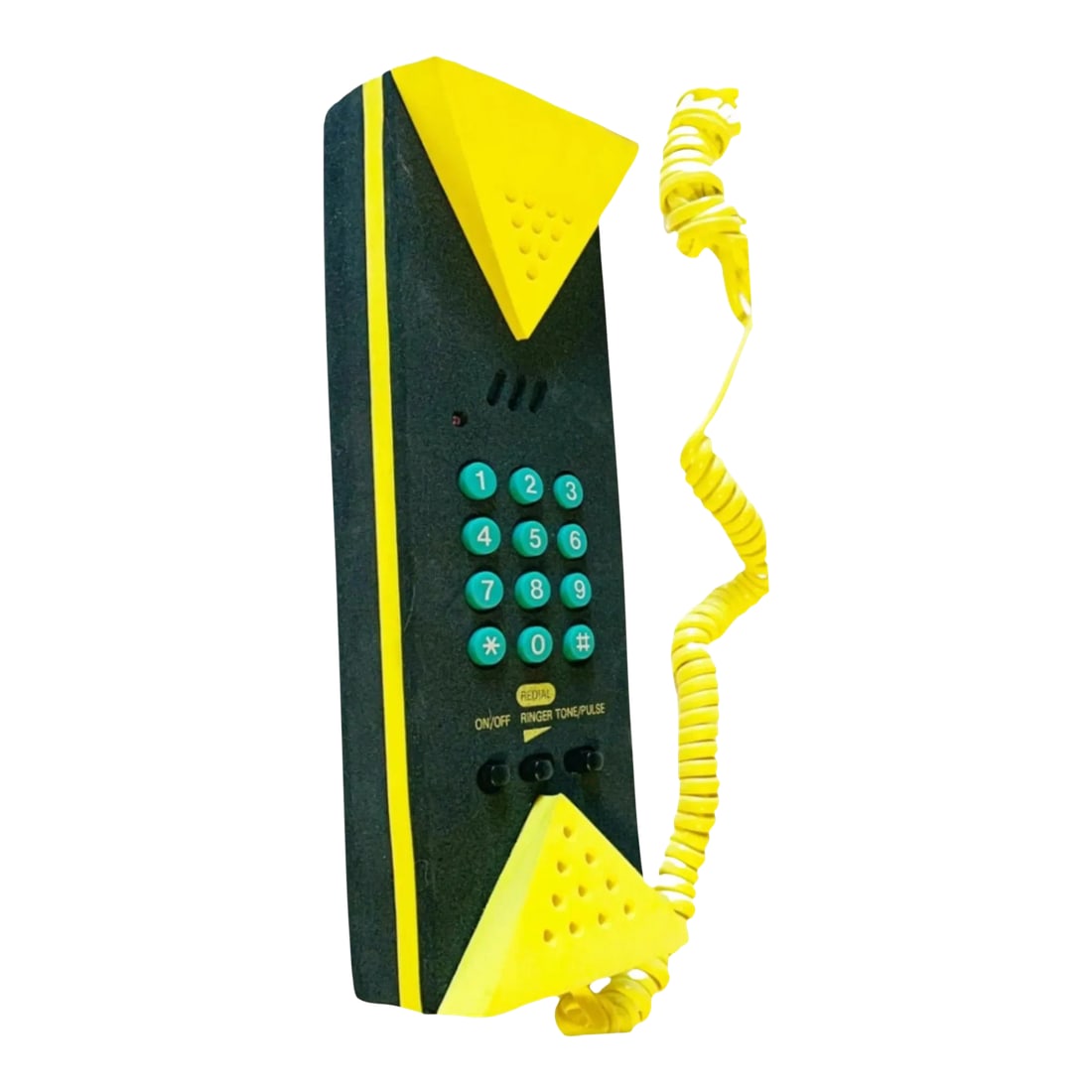 1990s Canetti Post Modern Memphis Geometric Yellow Teal Black Telephone: 90s Canetti Post Modern Postmodern Memphis Pop Art Geometric Yellow Black Phone Telephone Description 1990's Canetti designed, PostModern Geometric Yellow & Black Push Button Pop Art Phone. Very