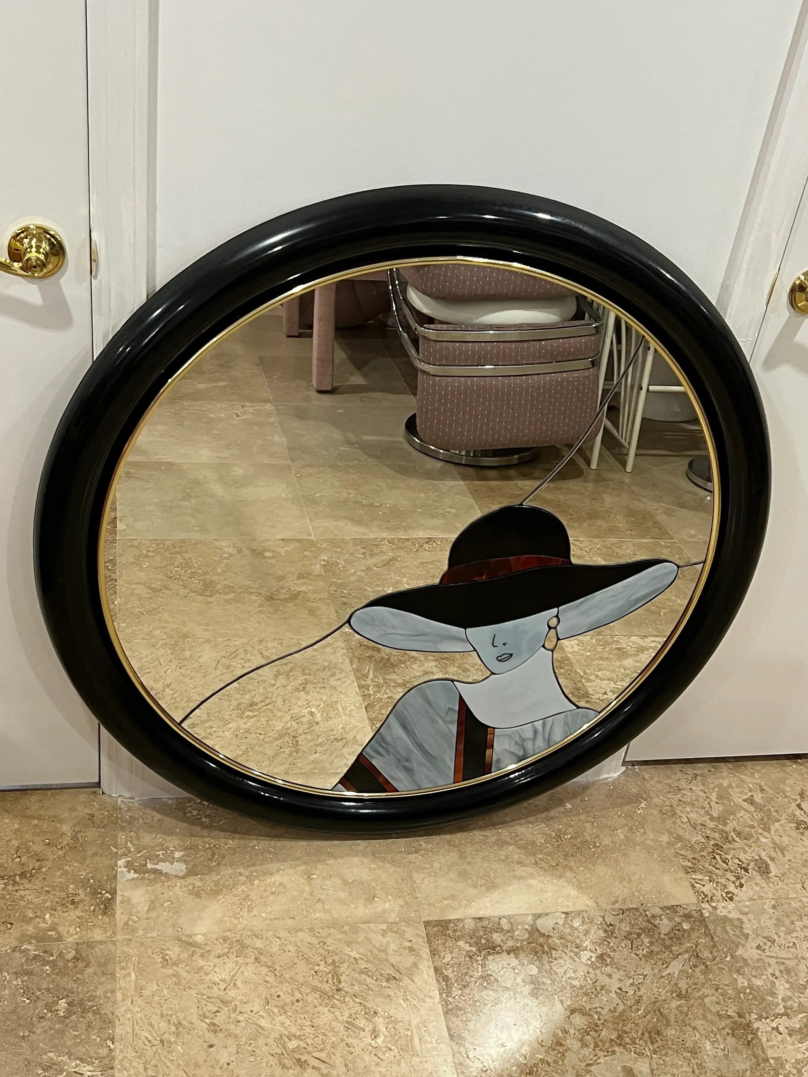Large Art Deco Style Black Lacquer Lady Mirror Attributes to David Marshall - 3