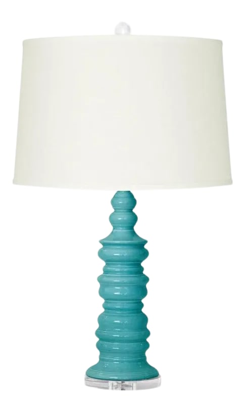 Bungalow 5 Aurora Table Lamp: This beautiful glazed ceramic table lamp by Bungalow 5 has a biomorphic shape that resembles a graduated candlestick turning softened by pretty glaze colors. Turquoise body with Lucite base and