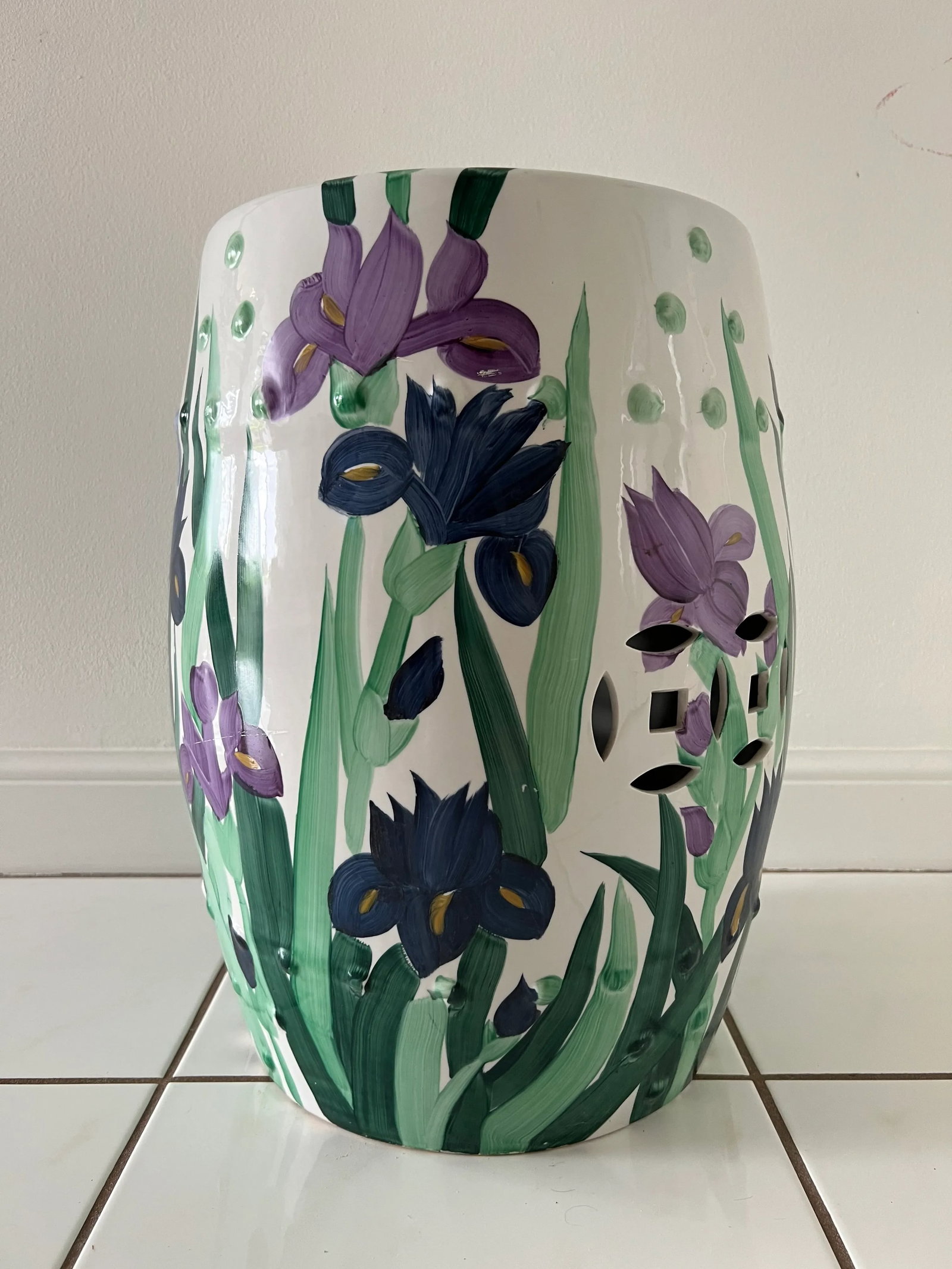 Hand Painted Garden Stool With Irises - 10
