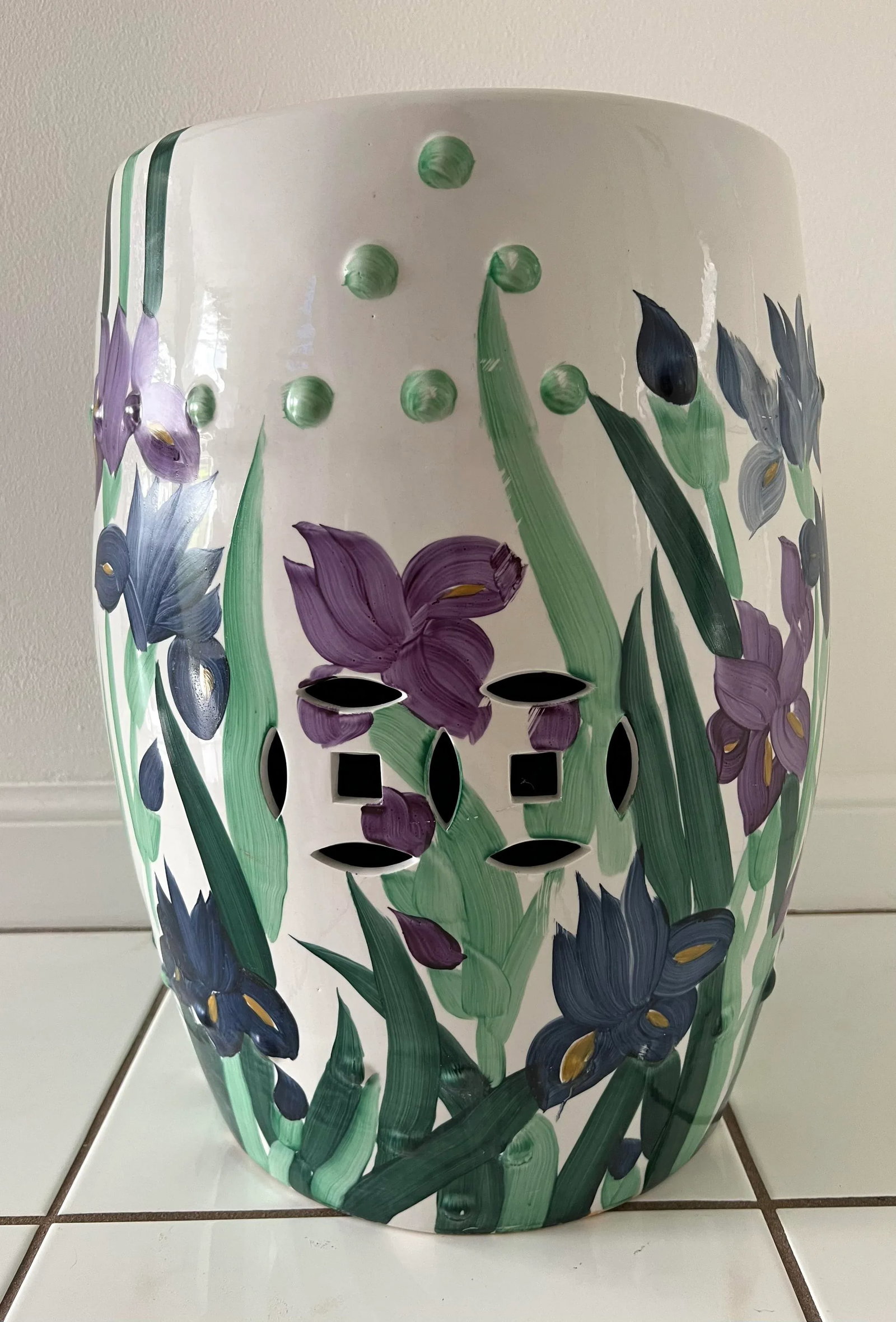 Hand Painted Garden Stool With Irises - 12