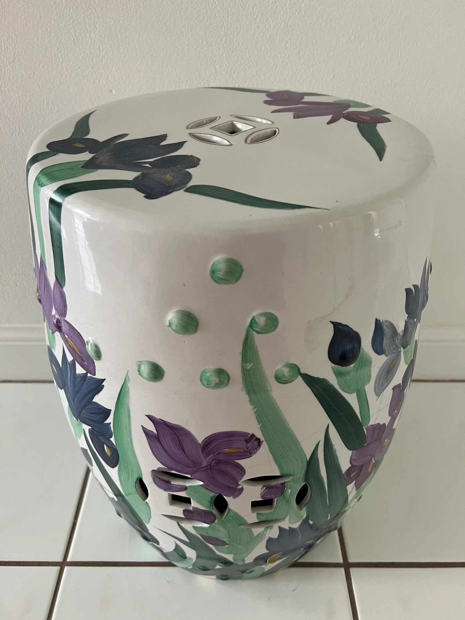 Hand Painted Garden Stool With Irises - 3