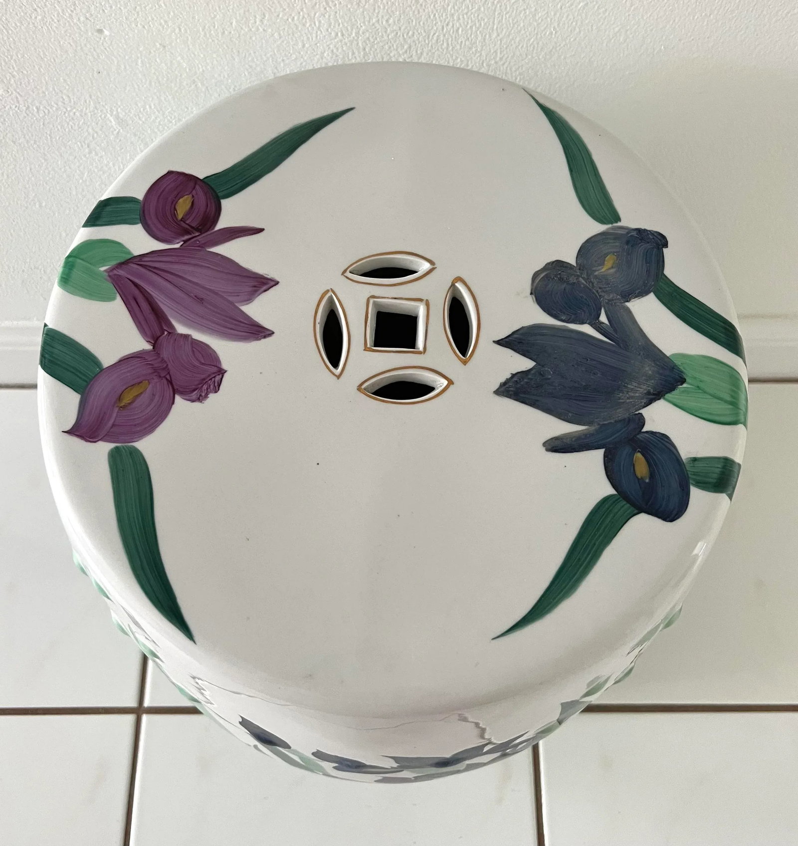 Hand Painted Garden Stool With Irises - 6