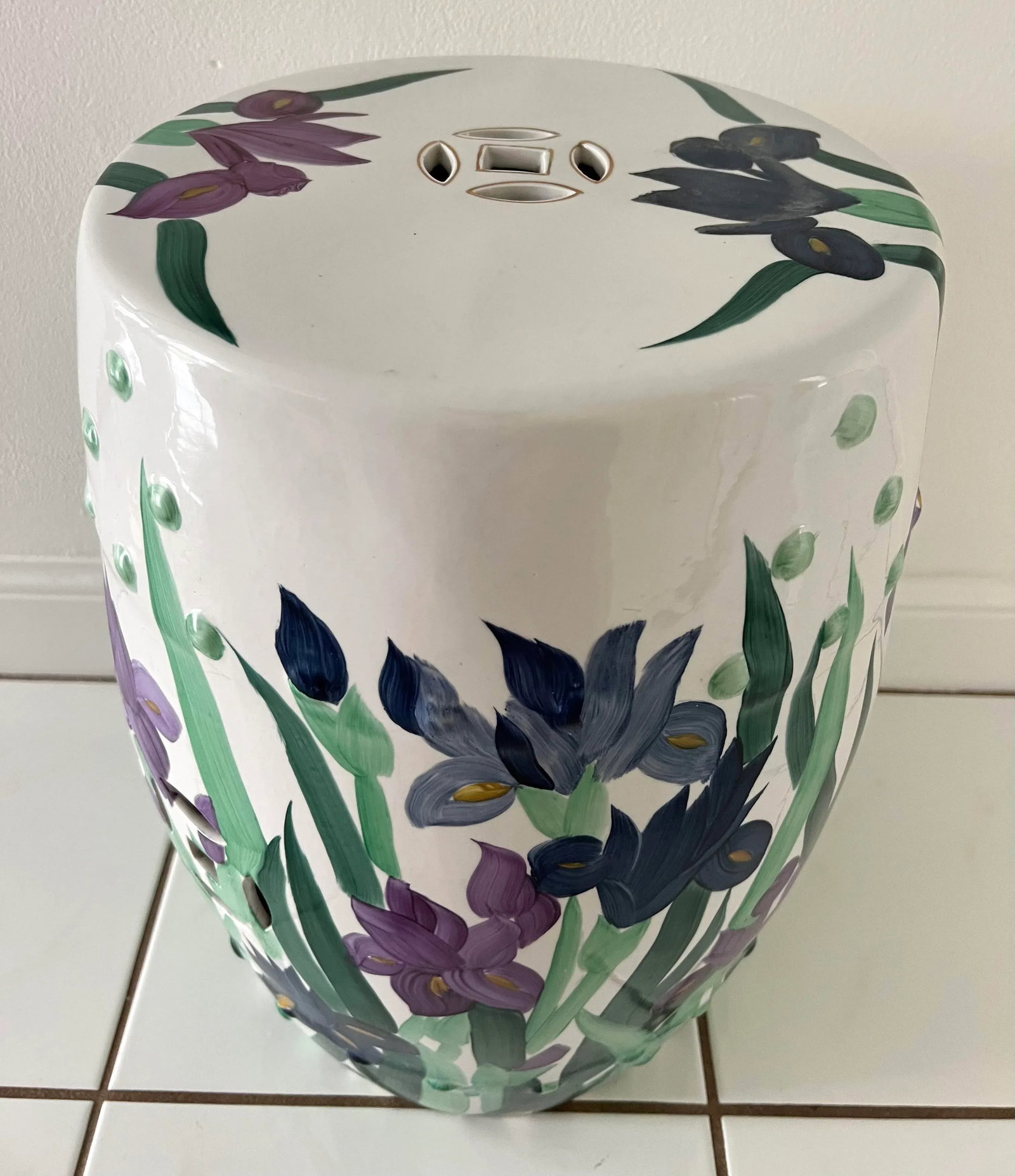 Hand Painted Garden Stool With Irises - 7