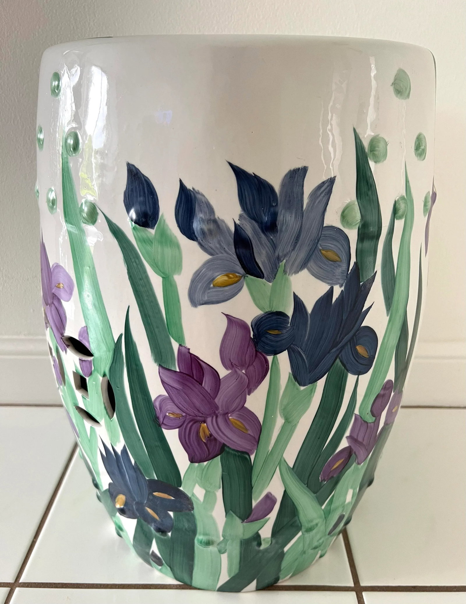 Hand Painted Garden Stool With Irises - 8