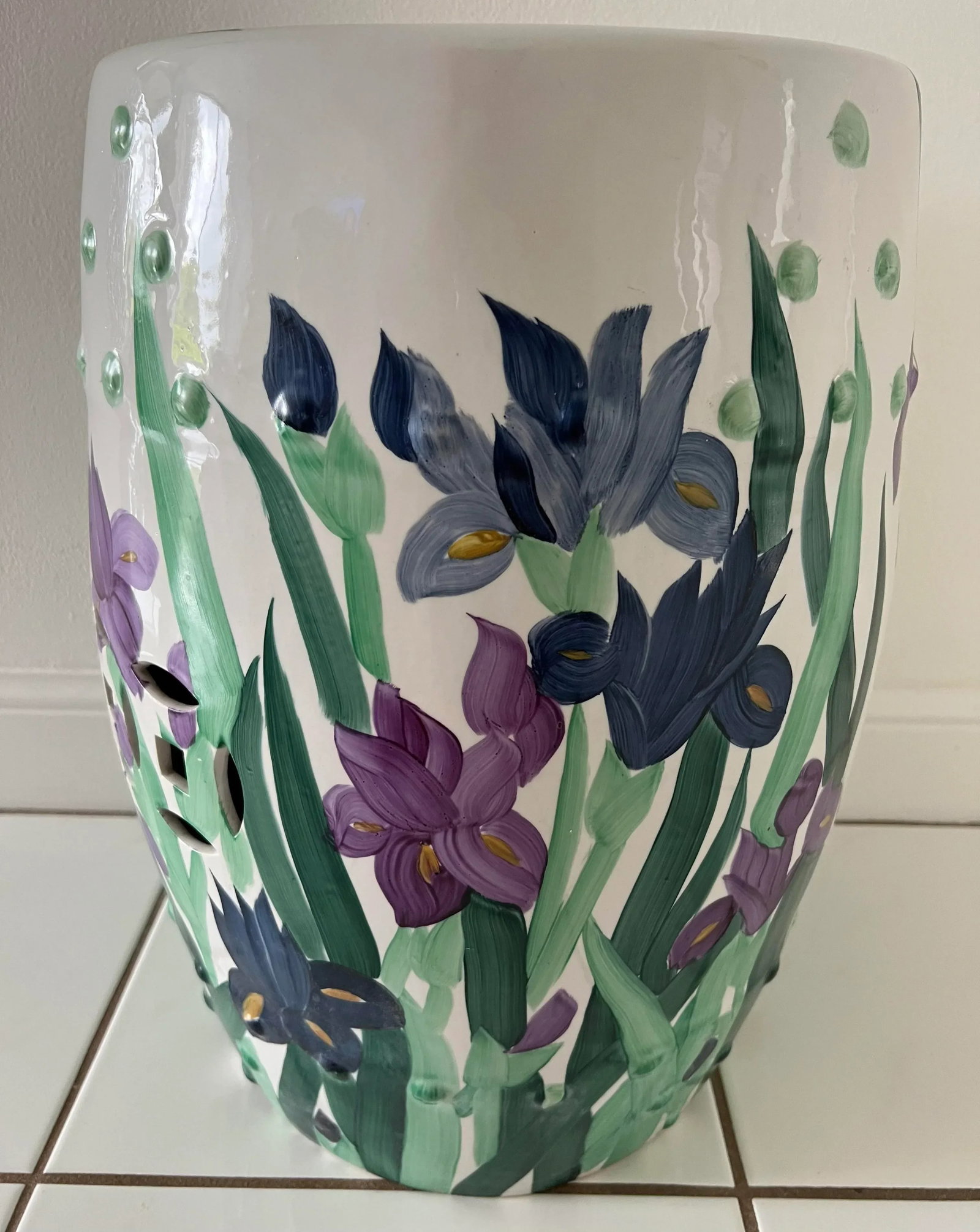 Hand Painted Garden Stool With Irises - 9