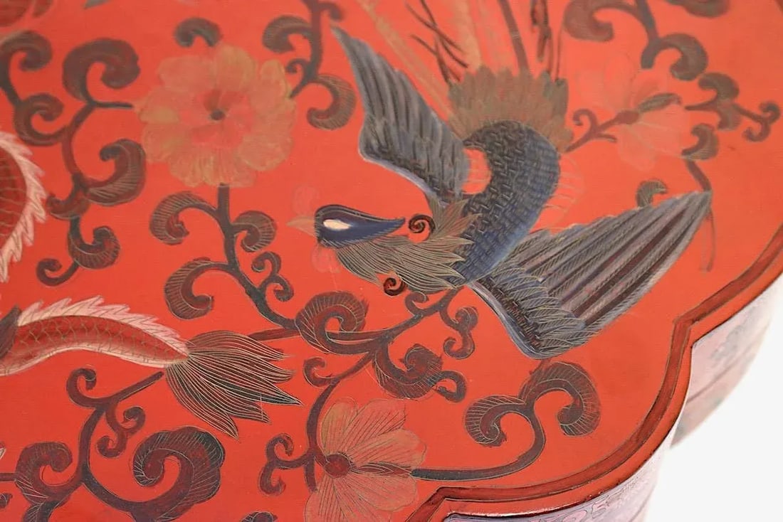 Large Antique Chinese Red Lacquer Lobed Gift / Storage Box With Dragons & Phoenix - 10