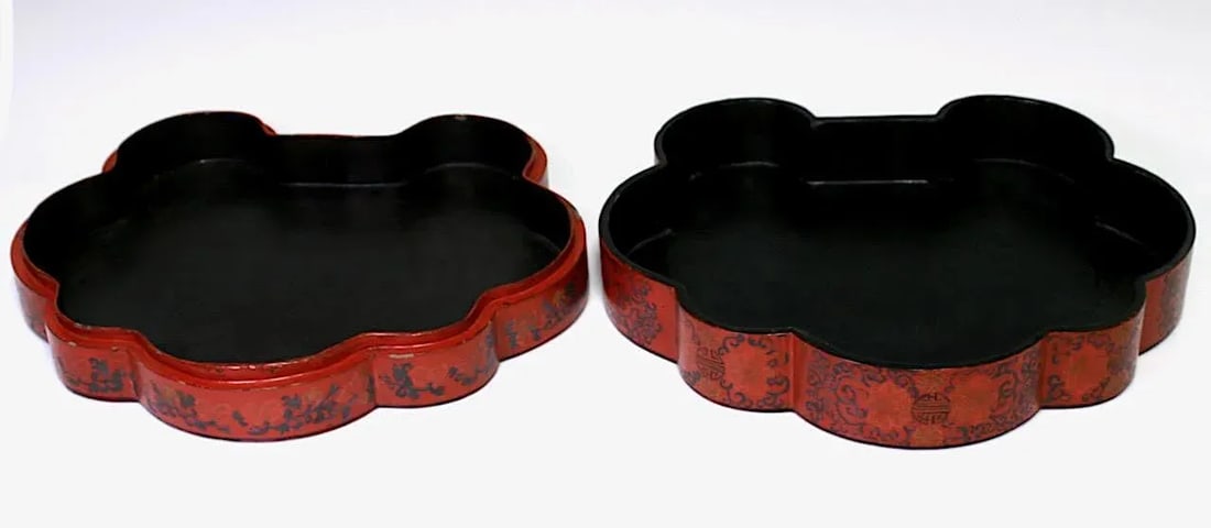 Large Antique Chinese Red Lacquer Lobed Gift / Storage Box With Dragons & Phoenix - 12