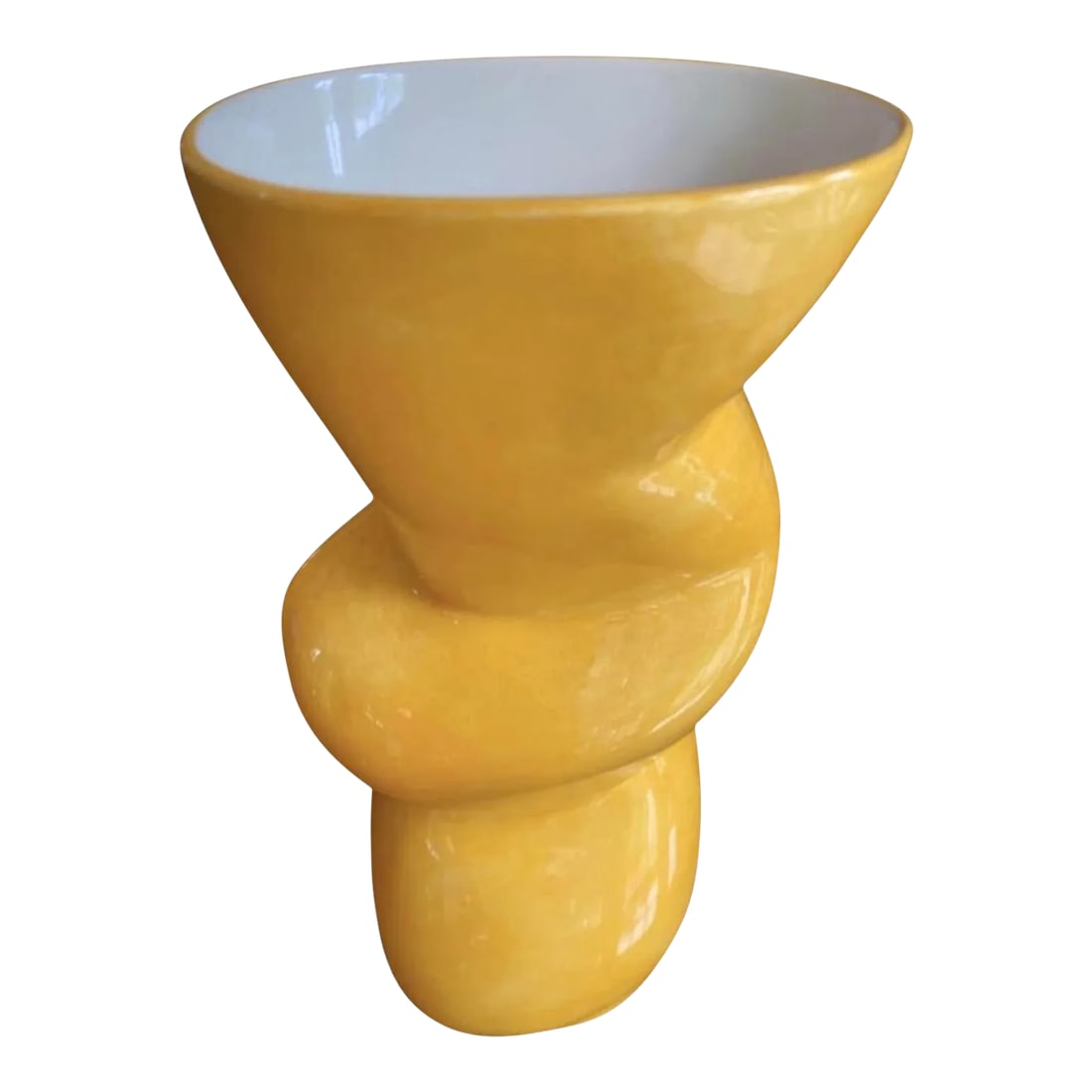 1980s John Bergen Postmodern Post Modern Memphis Yellow Abstract Twisted Ceramic Vase: 1980s John Bergen Postmodern Bright Yellow Exterior, White cased interior, Abstract Winding, Curving Ceramic Vase by John Bergen, considered the Ettore Sottsass of Canada. His collective of artists