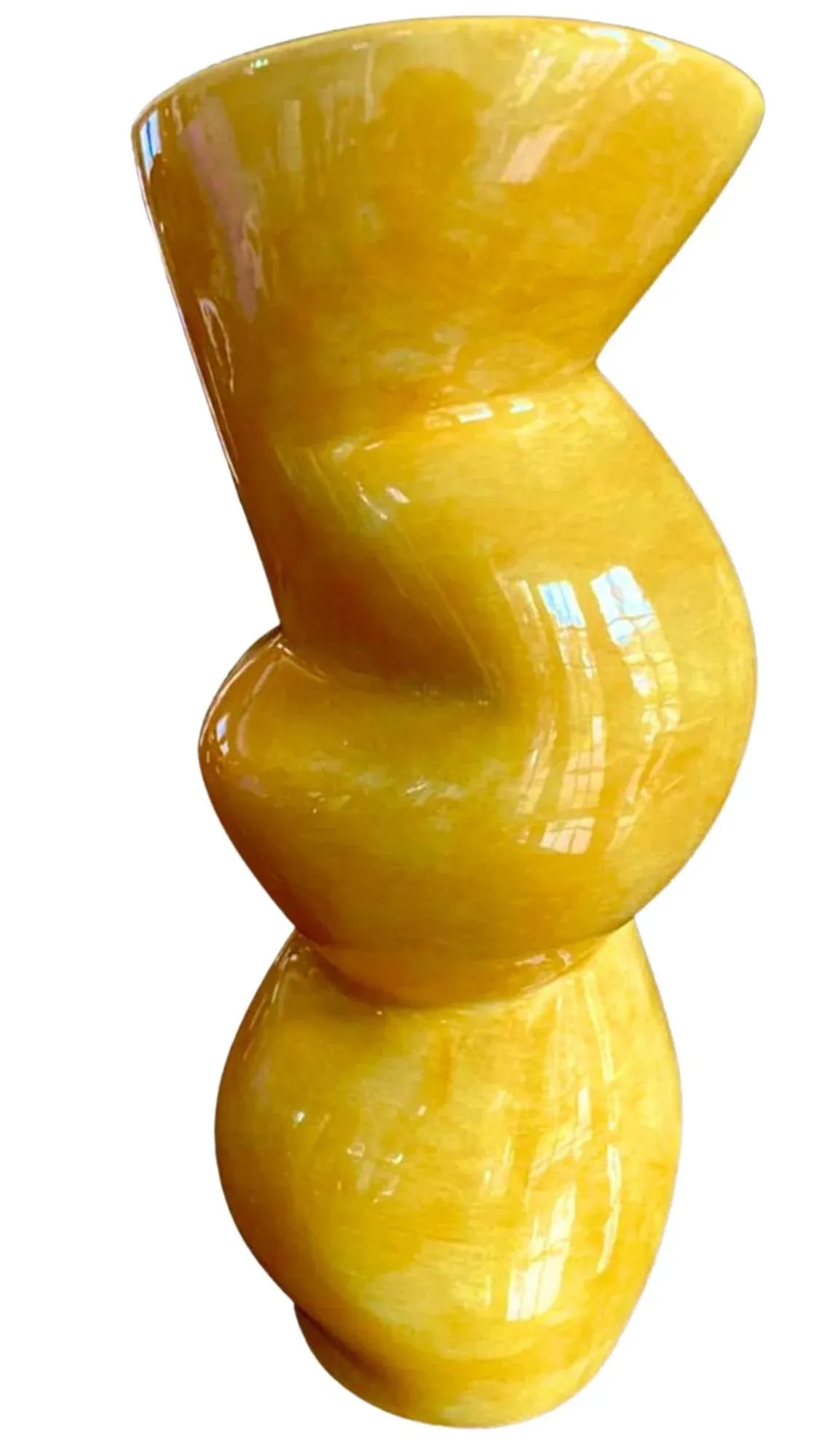 1980s John Bergen Postmodern Post Modern Memphis Yellow Abstract Twisted Ceramic Vase - 2