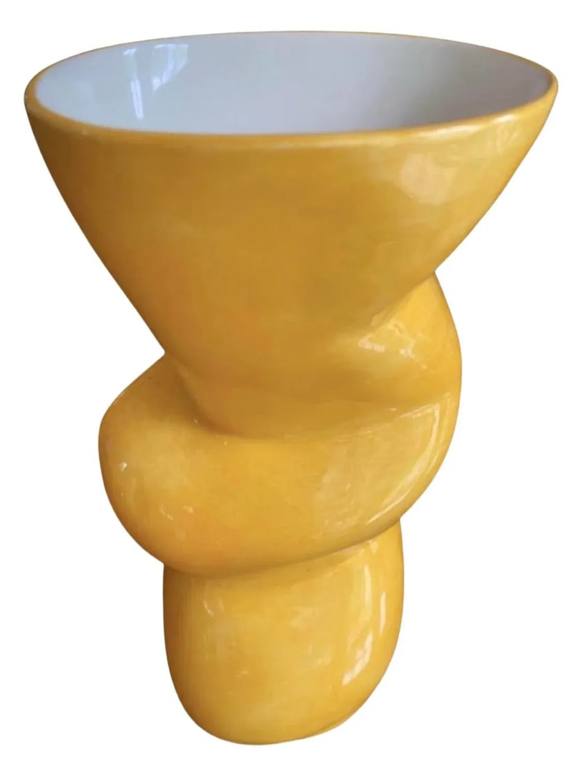 1980s John Bergen Postmodern Post Modern Memphis Yellow Abstract Twisted Ceramic Vase - 7