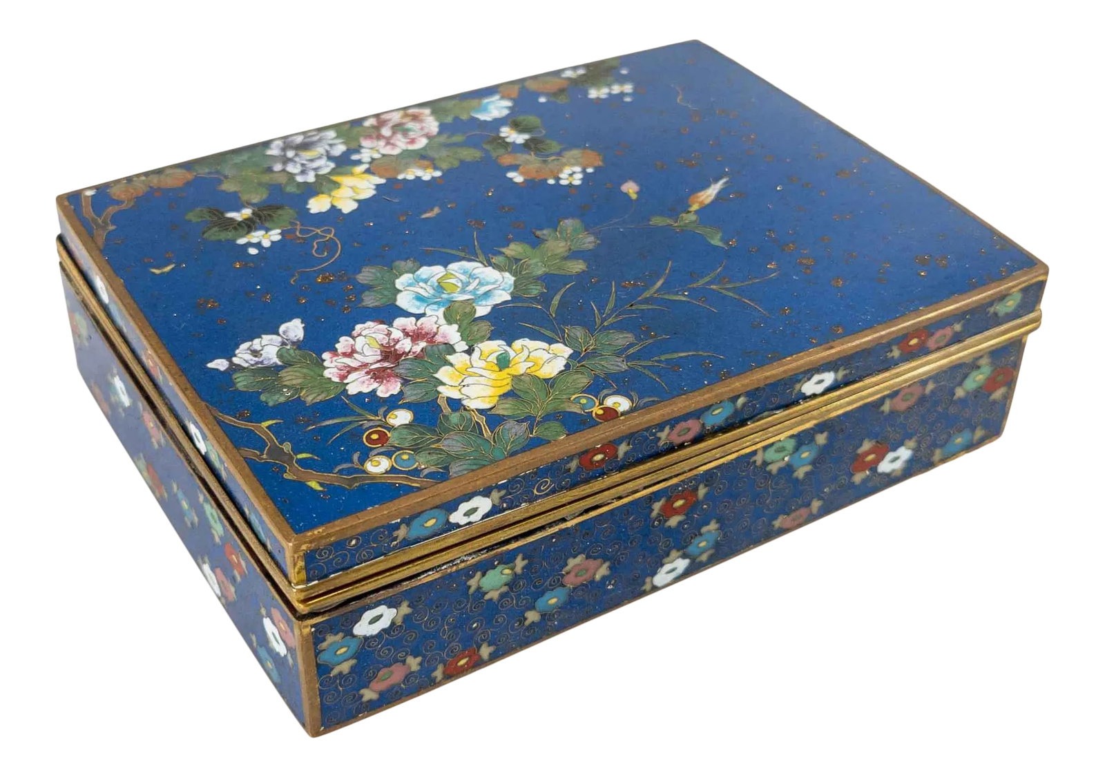 Japanese Cloisonne Enamel Box: We are selling this fine Japanese cloisonne enamel box. This gilt bronze box has very fine and elaborate Cloisonne work of a floral scene. The box is probably early 20th century. Condition: There is