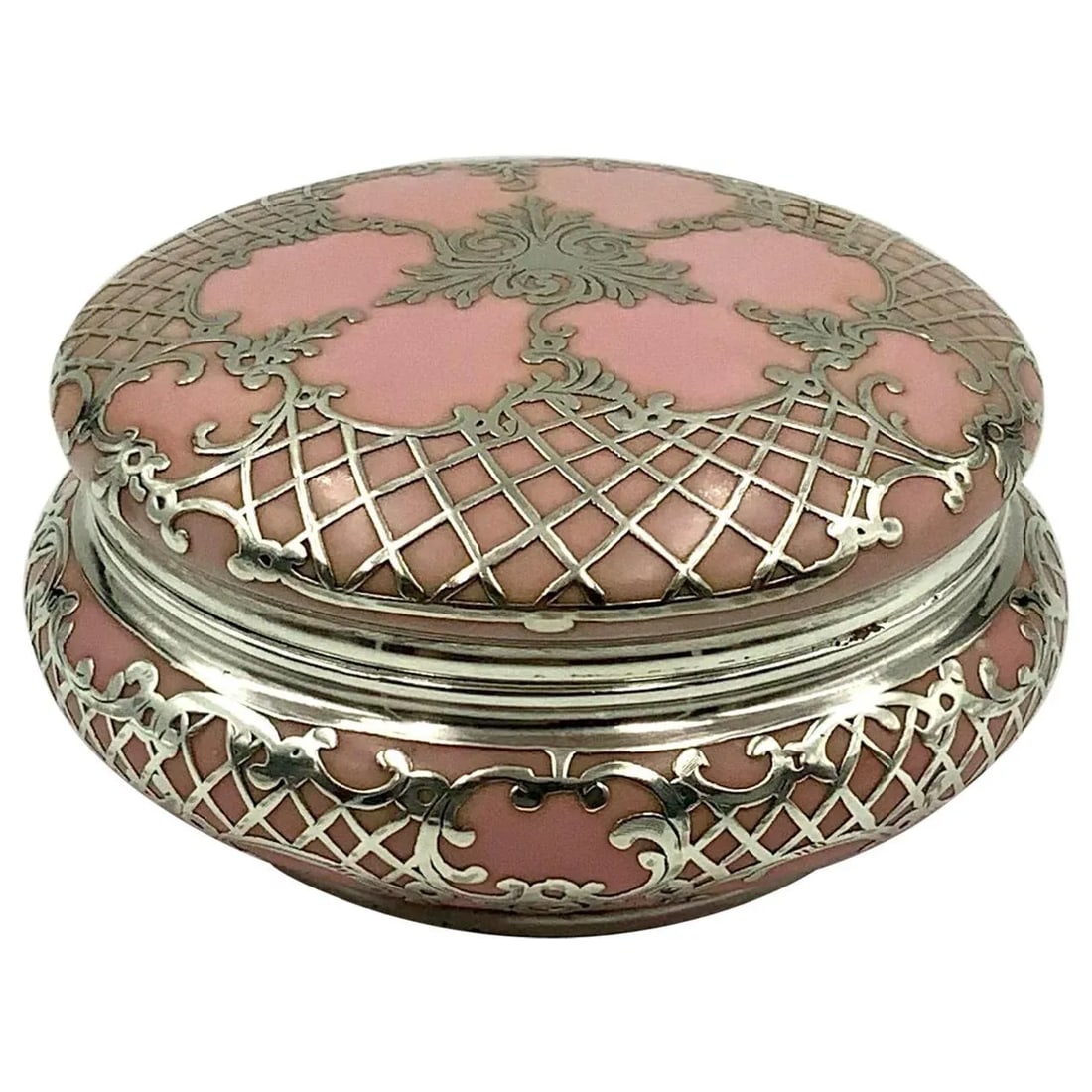 Antique Sterling Silver Pink Porcelain Vanity Powder Jar Trinket Box - 2