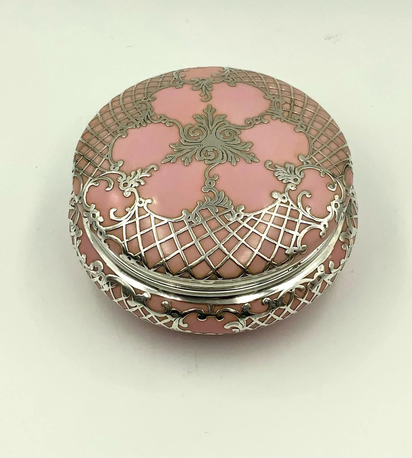 Antique Sterling Silver Pink Porcelain Vanity Powder Jar Trinket Box - 3
