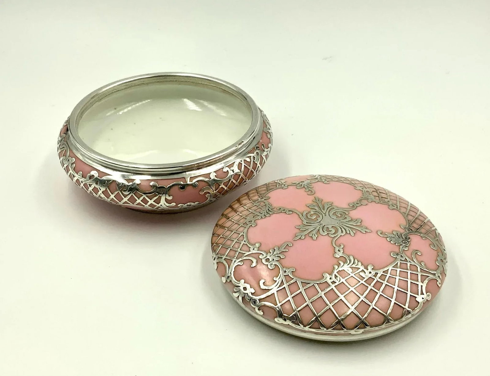 Antique Sterling Silver Pink Porcelain Vanity Powder Jar Trinket Box - 4