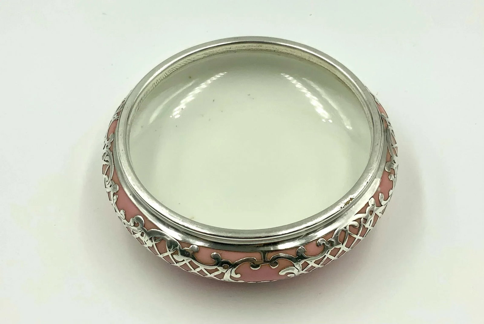 Antique Sterling Silver Pink Porcelain Vanity Powder Jar Trinket Box - 7