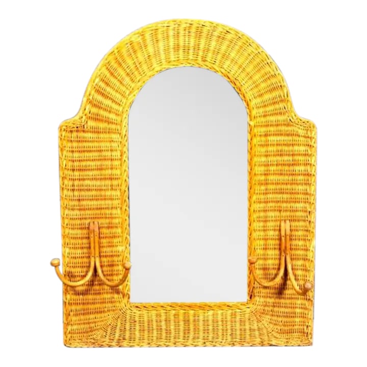Vintage Wicker Mirror With Hooks Frame: Vintage unique wicker frame mirror with coat hooks. This mirror is in excellent vintage condition with no issues. The glass reflection has been edited out for the photos, the mirror is in excellent