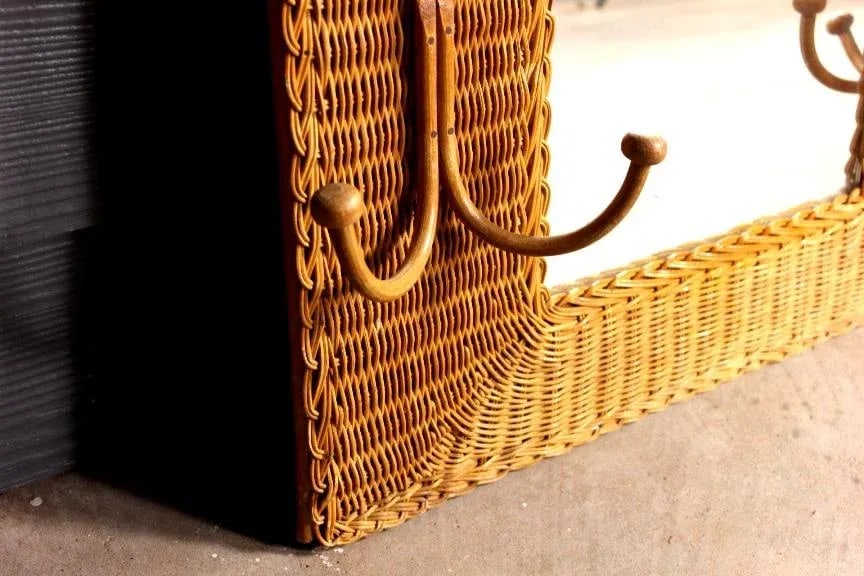 Vintage Wicker Mirror With Hooks Frame - 2