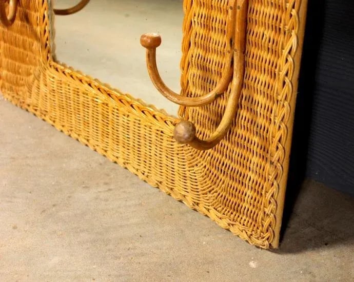 Vintage Wicker Mirror With Hooks Frame - 3