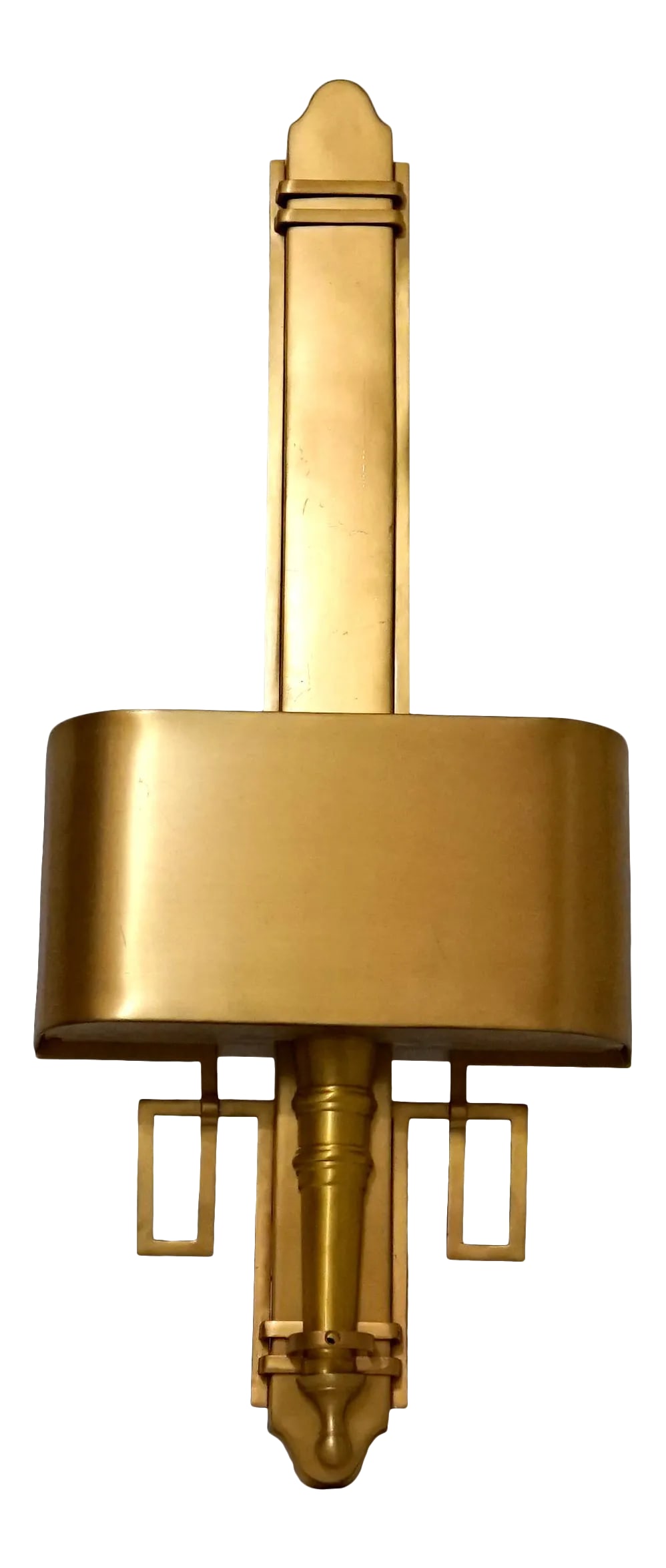Global Views Gold Wall Mount, Sconce Art Deco Style Light: A beautiful art deco influenced wall lamp by Global Views is waiting for installation in your space. The lamp tone is antique brass and it is has two lights that take a 5 watt bulb. This style is
