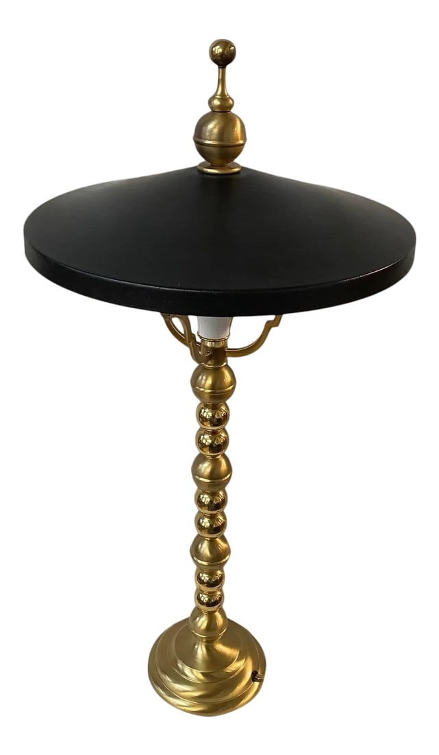 Vintage Brass Black and Gold Lamp With Metal Shade: Vintage Showroom Sample Brass Black and Gold Lamp. The shade is 15" diameter. 1980's Design Condition: Alterations: Original Condition Unaltered Imperfections: Some Imperfections Condition Notes: Has