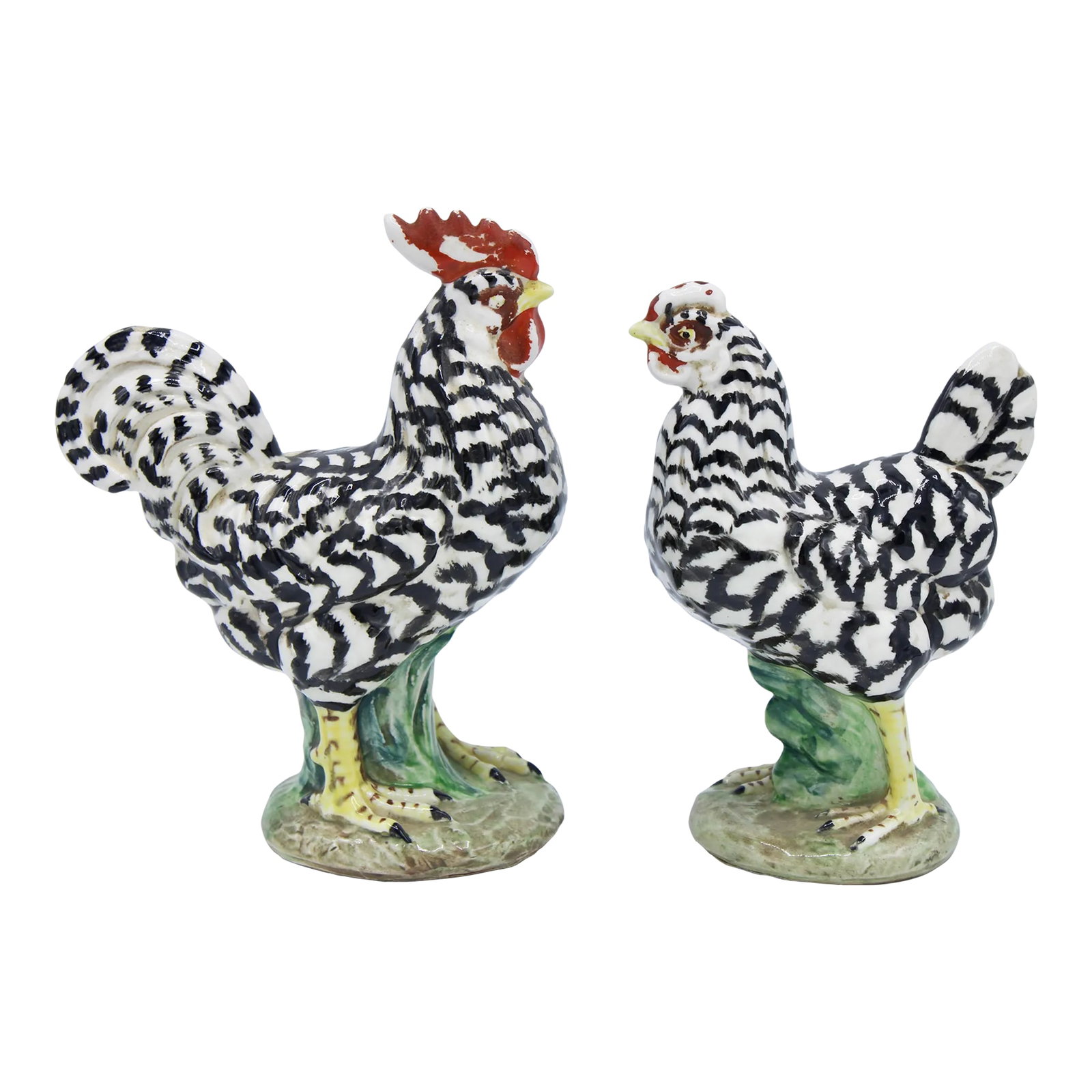 Mid Century Italian Farmhouse Ceramic Chickens: A charming pair of black and white mid century Italian ceramic chickens, circa 1950. This lovely duo would look superb in a Farmhouse or French Country style kitchen. Measurements: Rooster- 7 inches