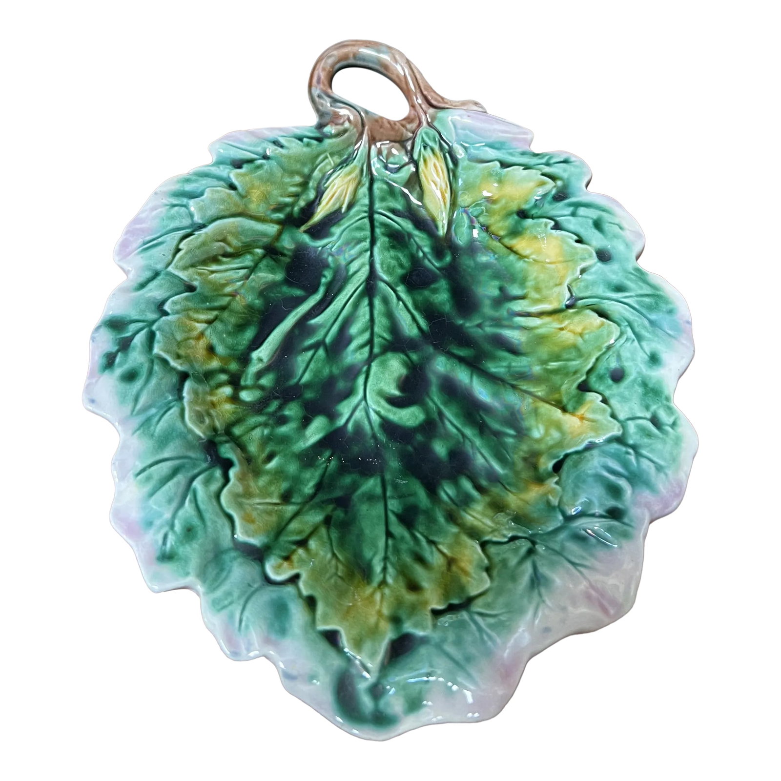 1880 Etruscan Majolica Leaf Bread Platter: Beautiful shades of green on this c. 1880 Etruscan Majolica bread tray. Condition: Alterations: Original Condition Unaltered Imperfections: Some Imperfections Condition Notes: Small chip on the