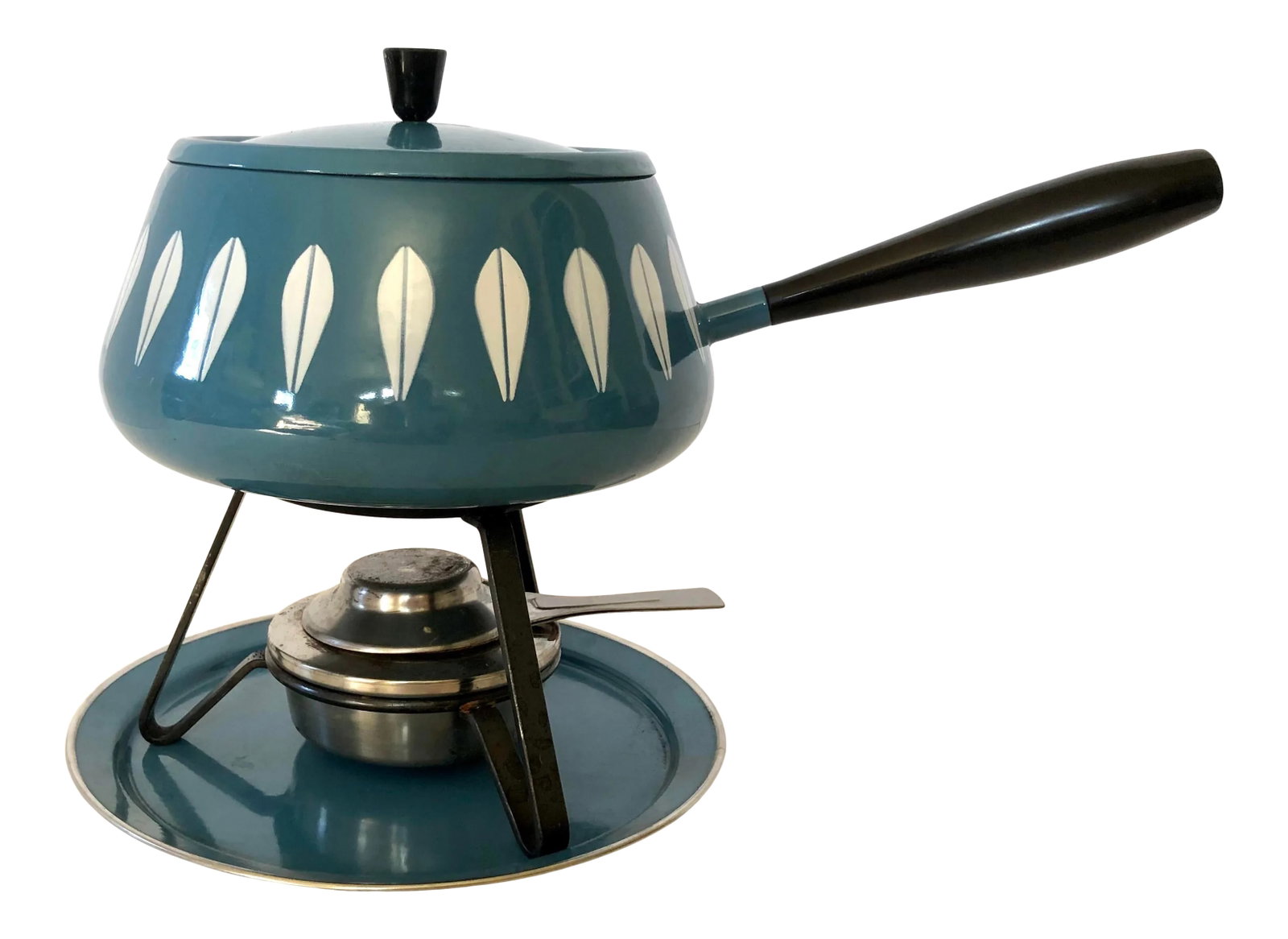 MCM Cathrineholm Norway Blue Lotus Fondue Enamelware Pot: MCM Norwegian fondue pot in blue lotus pattern by Cathrineholm enamelware. Set includes pot w/lid, tray and burner in holder. Condition: Alterations: Original Condition Unaltered Imperfections: Some