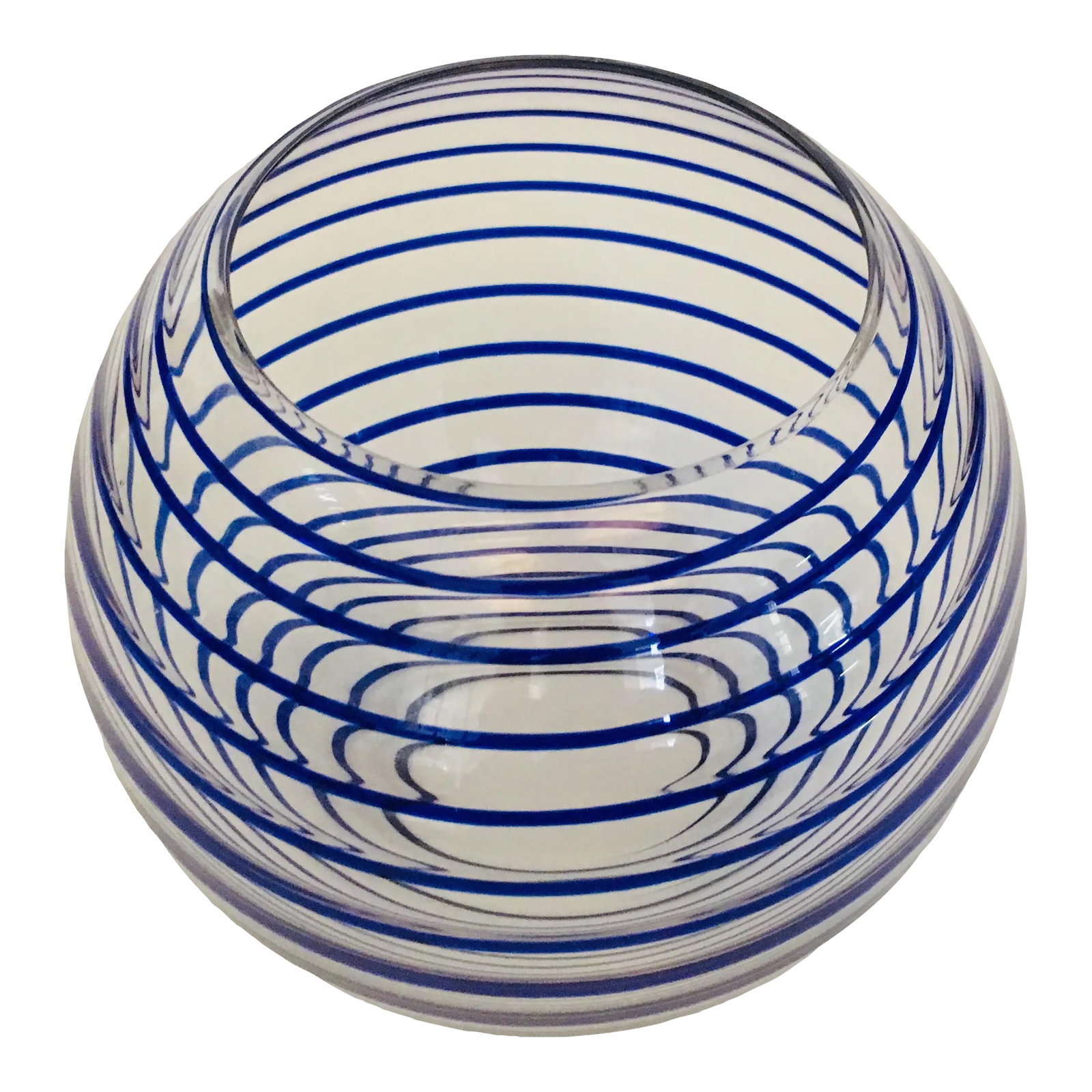 Barbini Murano Spiral Stripe Vase or Bowl Hand-Blown 1970's Italy: Barbini Murano blue spiral stripe glass vase, vessel, hand blown in Italy, 1970's. In excellent condition. Alfredo Barbini, a glass artist born in on the islands of Murano in the lagoon of Venice, Ita