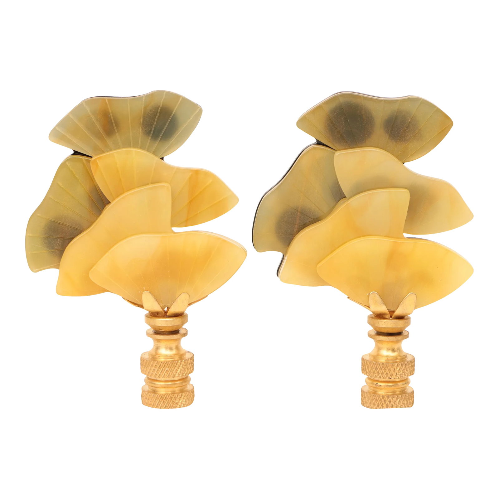 Ginkgo Leaf Lamp Finials on Brass Hardware - a Pair: Update your favorite lamps with this pair of lamp finials featuring layered acrylic gingko leaves on knurled brass finial bases. Sized to fit a standard-size lamp harp with a 1/4" stem. Handcrafted