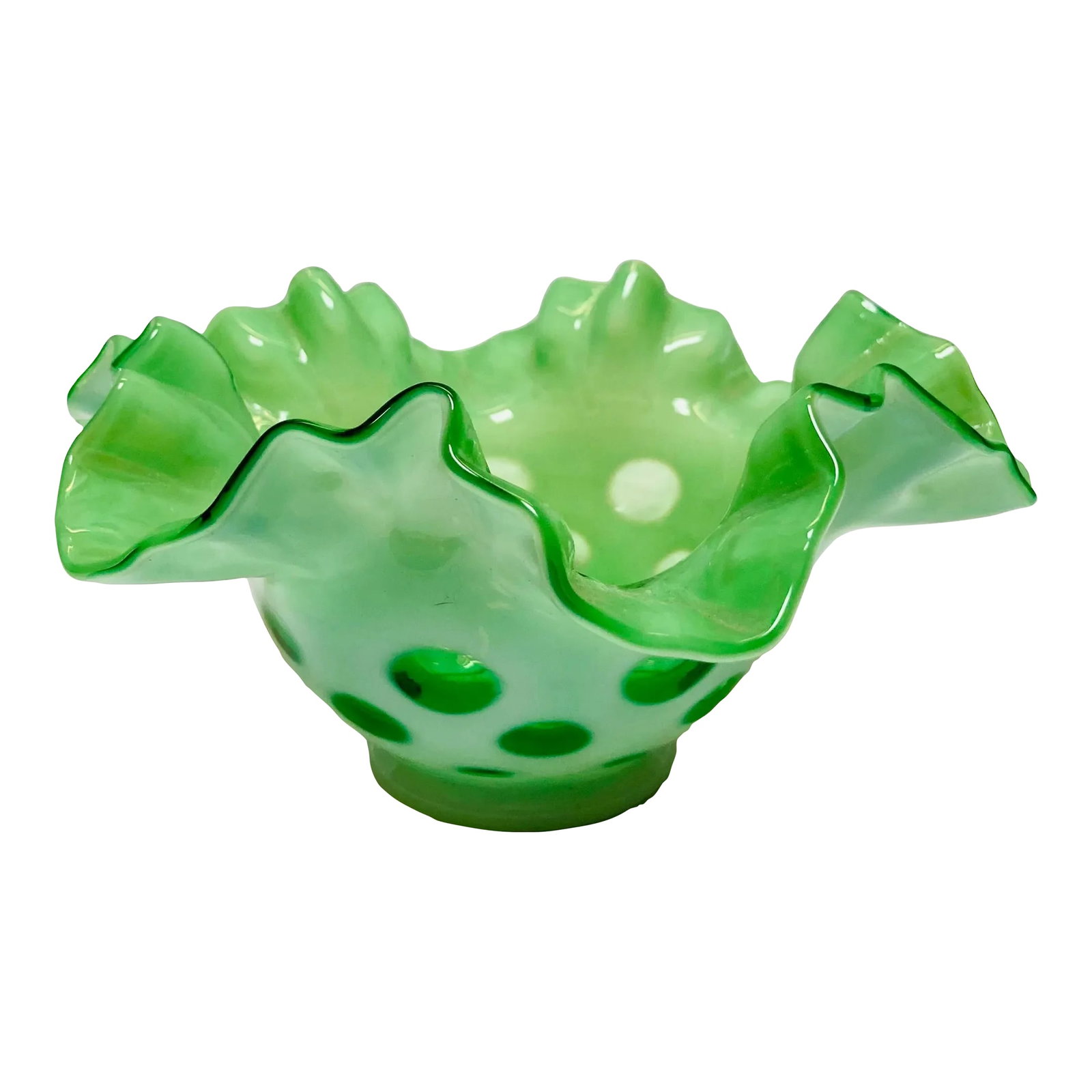 Early 20th Century Vintage Fenton Coin Dot Green Ruffled Bowl: Fabulous rear color vintage Fenton with coin dot and ruffled design. This a fun piece and it's about 3" tall and 7" wide. Condition: Alterations: Original Design Modified Imperfections: Some