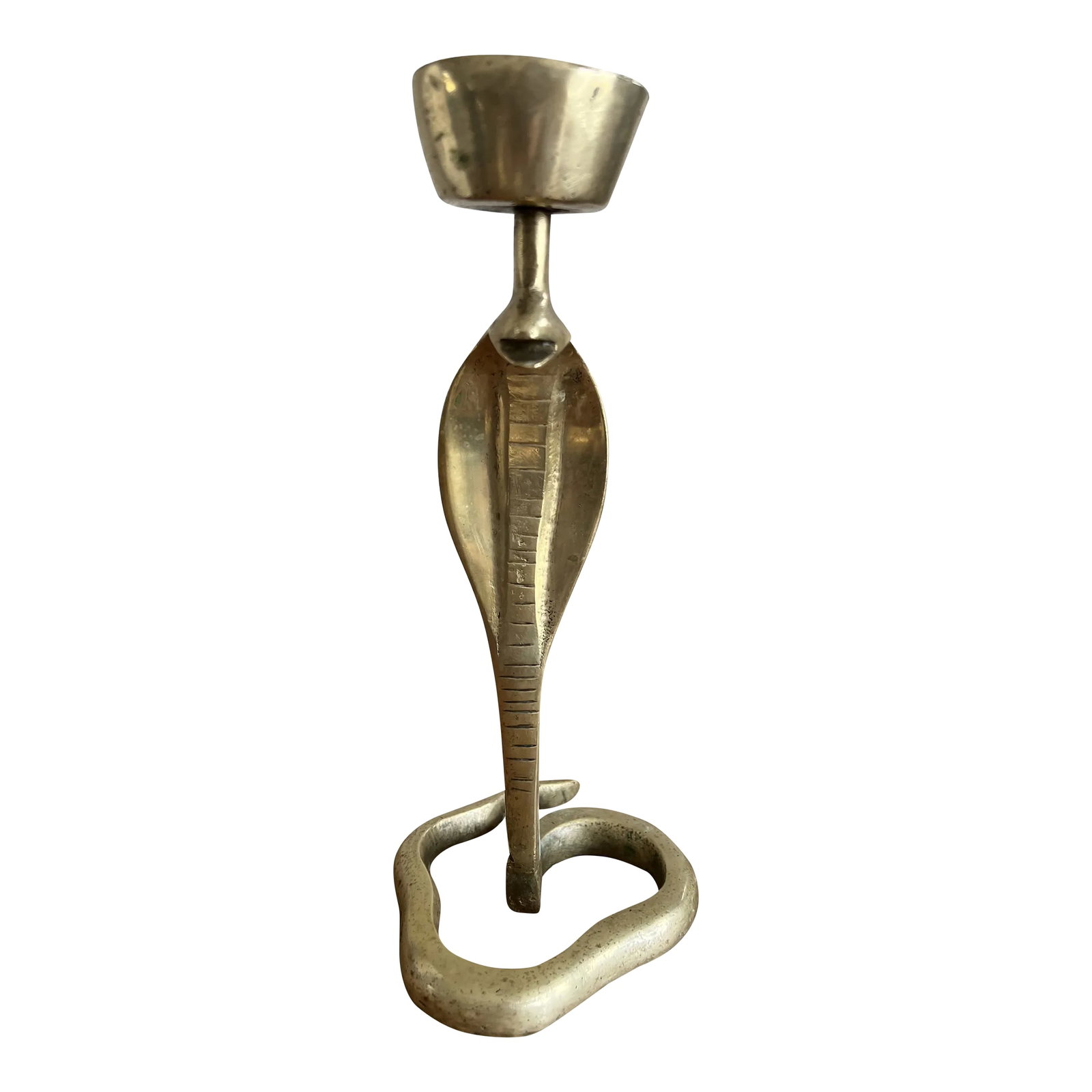 Vintage Mid 20th Century Brass Moroccan Snake Form Candle Holder: A vintage brass cobra-form candleholder with hand done detailing. Candleholder is mad up of two pieces- top portion screw to bottom at base. Condition: Alterations: Original Condition Unaltered