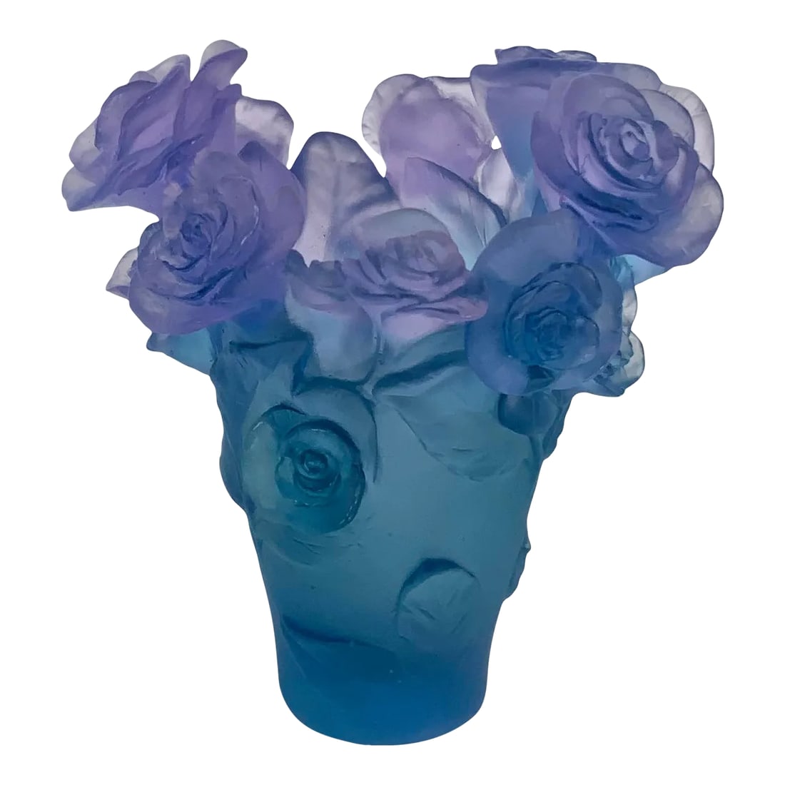 Drum French Passion Rose Crystal Vase: Elegant Drum French Passion Rose Crystal Vase, signed, blue and purple, circa 2010's Condition: Imperfections: Some Imperfections Condition Notes: No cracks or chips, comes in original box Origin: