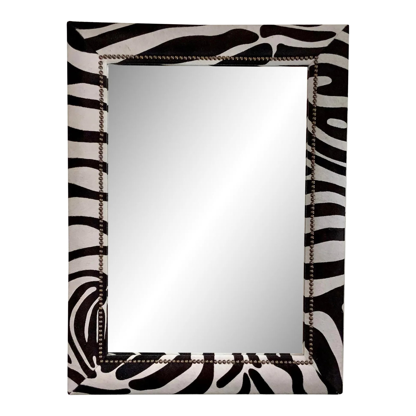 Mirror Image Co. Modern Zebra Wall Mirror: Timeless Mirror Image Co. Modern Zebra wall Mirror, hair on hide, antique brass nailhead detail, showroom floor sample Condition: Imperfections: Some Imperfections Condition Notes: Showroom floor samp