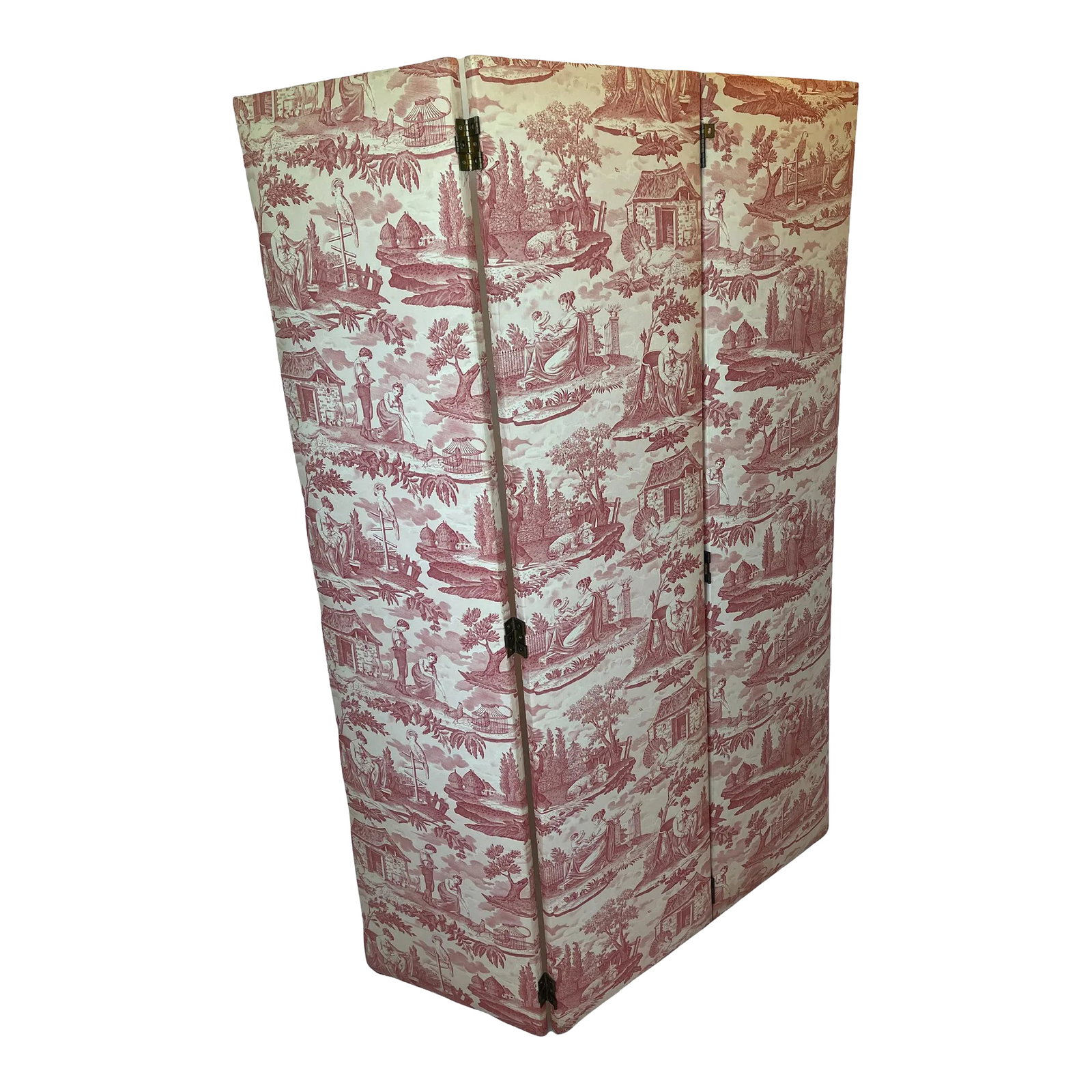 1940s Paravent Three Leaves Screen: Antique screen upholstered in pink jouy canvas on one side and in the other in plain pink canvas Three panels hinged by bronze hinges create your own decor This screen gives a romantic and totally