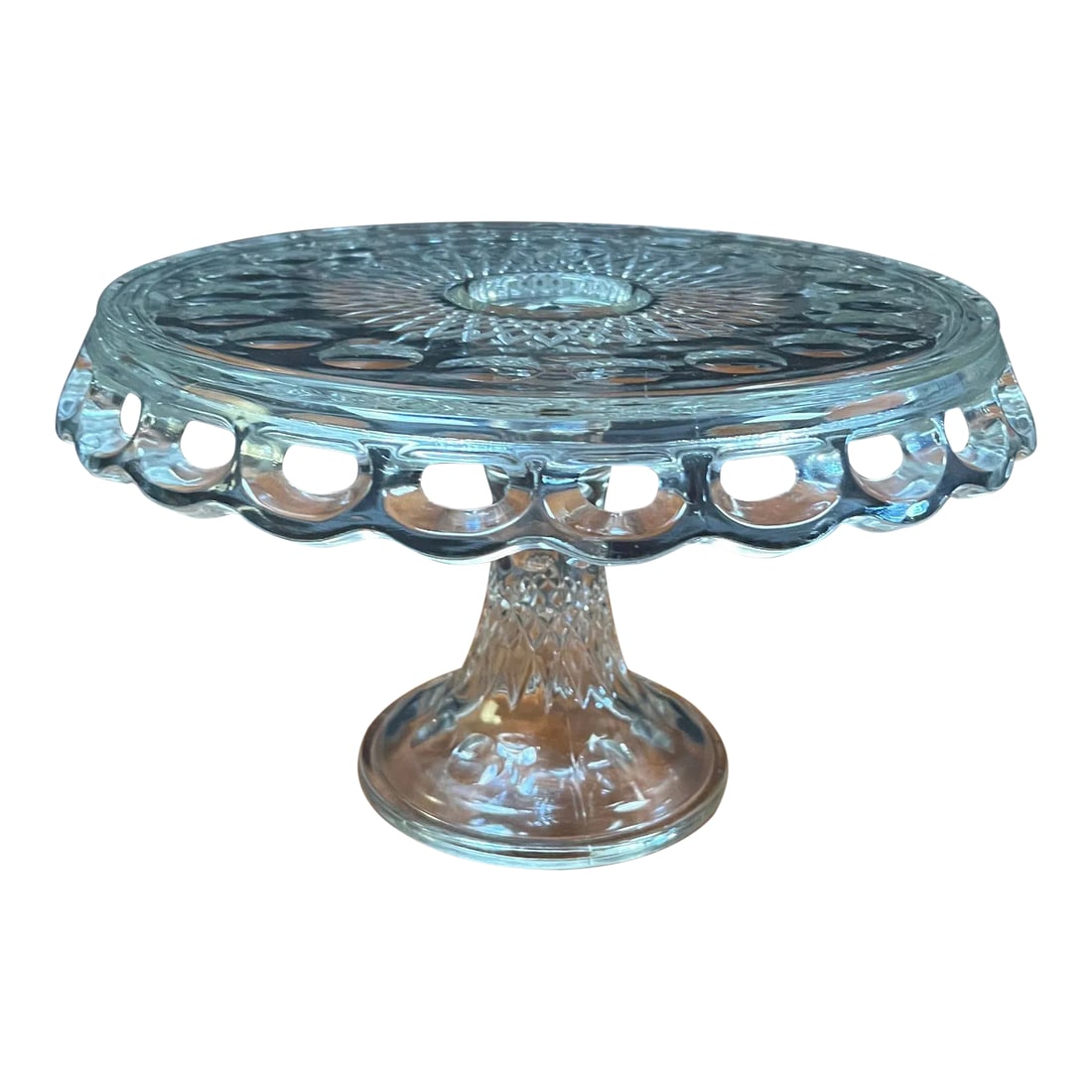 Antique Crochet Glass Cake Stand: Antique Crochet Glass Cake Stand 7" H x 10.5" Diameter 5" Round Base Condition: Alterations: Original Condition Unaltered Imperfections: Some Imperfections Condition Notes: Excellent Materials &