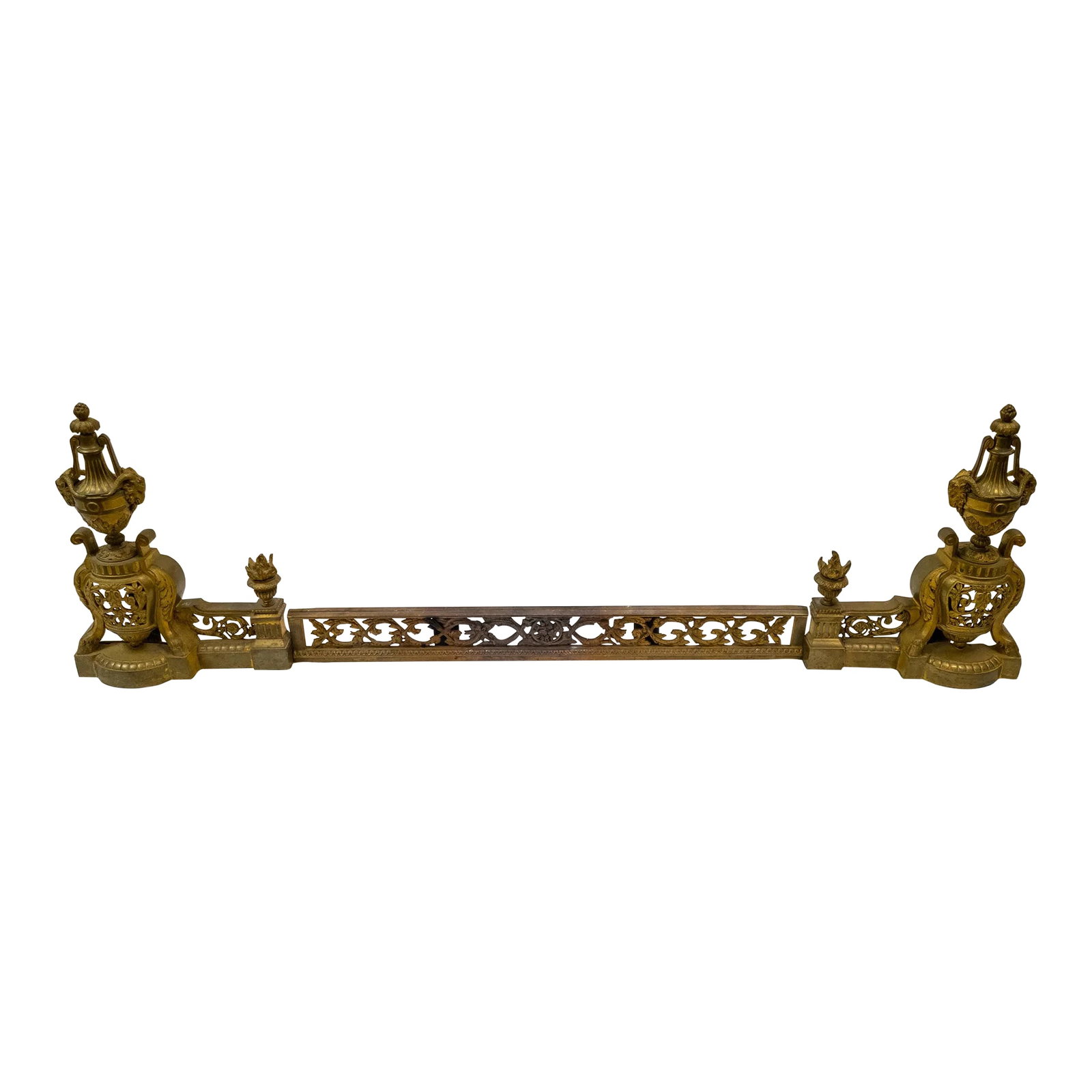 19th Century French Ormolu Gilt Bronze Fireplace Chenets and Fender: We are selling this nice French Bronze ormolu gilt fire set. This small scale set of Chenets and fender are very high quality with nice detail of Rams' heads and feet with flaming urns and floral