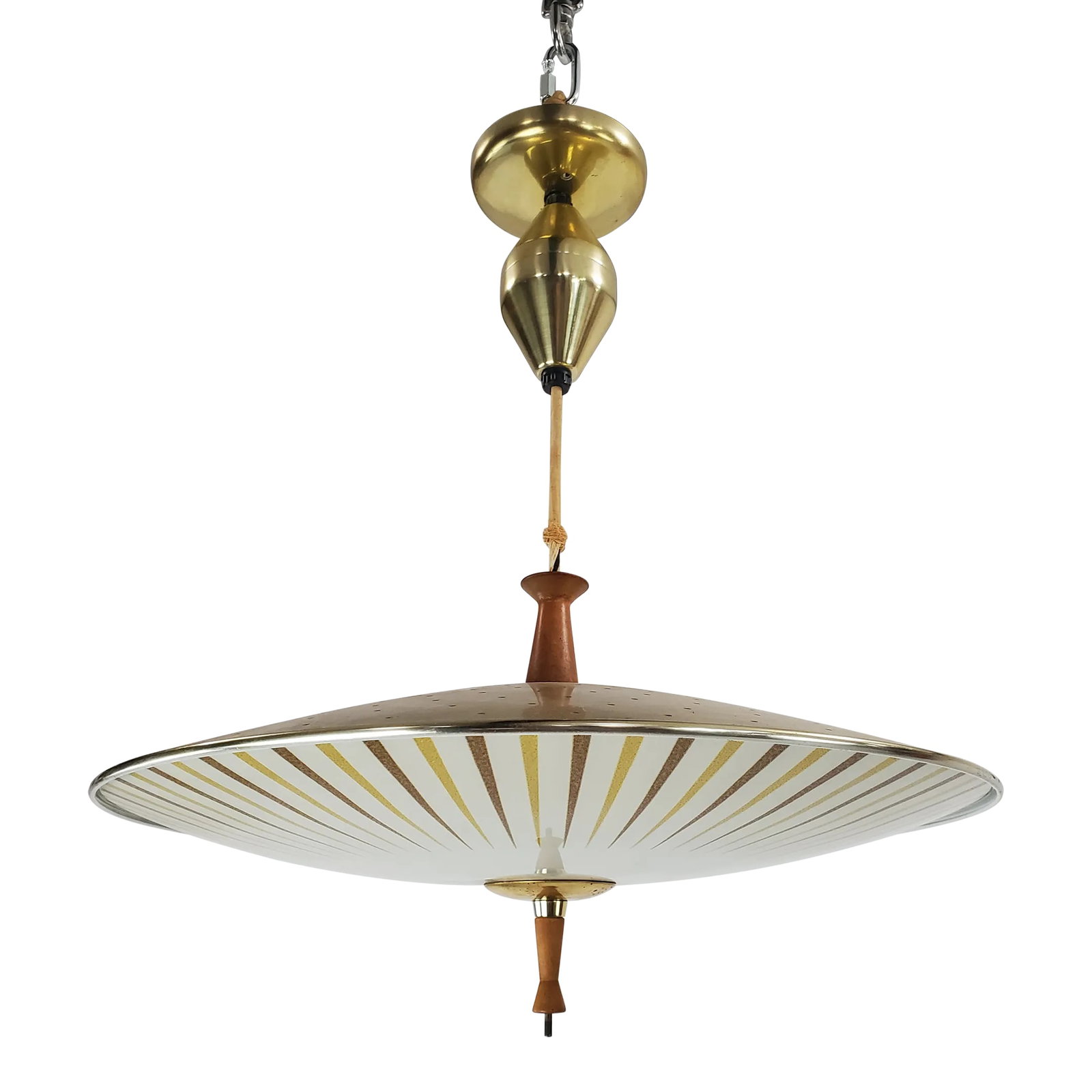 Large Mid-Century Brass & Frosted Glass Pull Retractable Saucer Pendant by Artolier: This chandelier is out of this world! Coming in at 22" wide, this mid-century chandelier would look great over your dining table or in over a kitchen table. Original frosted glass with brown and gold 