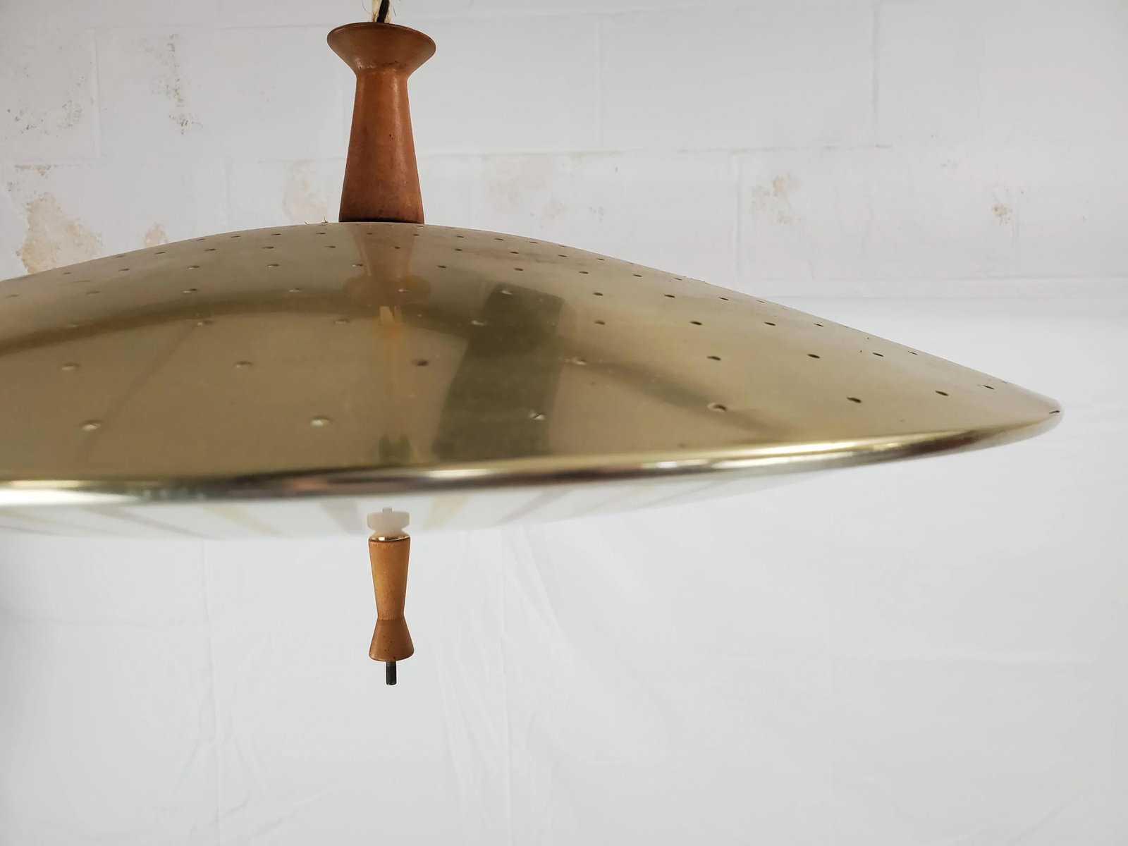 Large Mid-Century Brass & Frosted Glass Pull Retractable Saucer Pendant by Artolier - 3