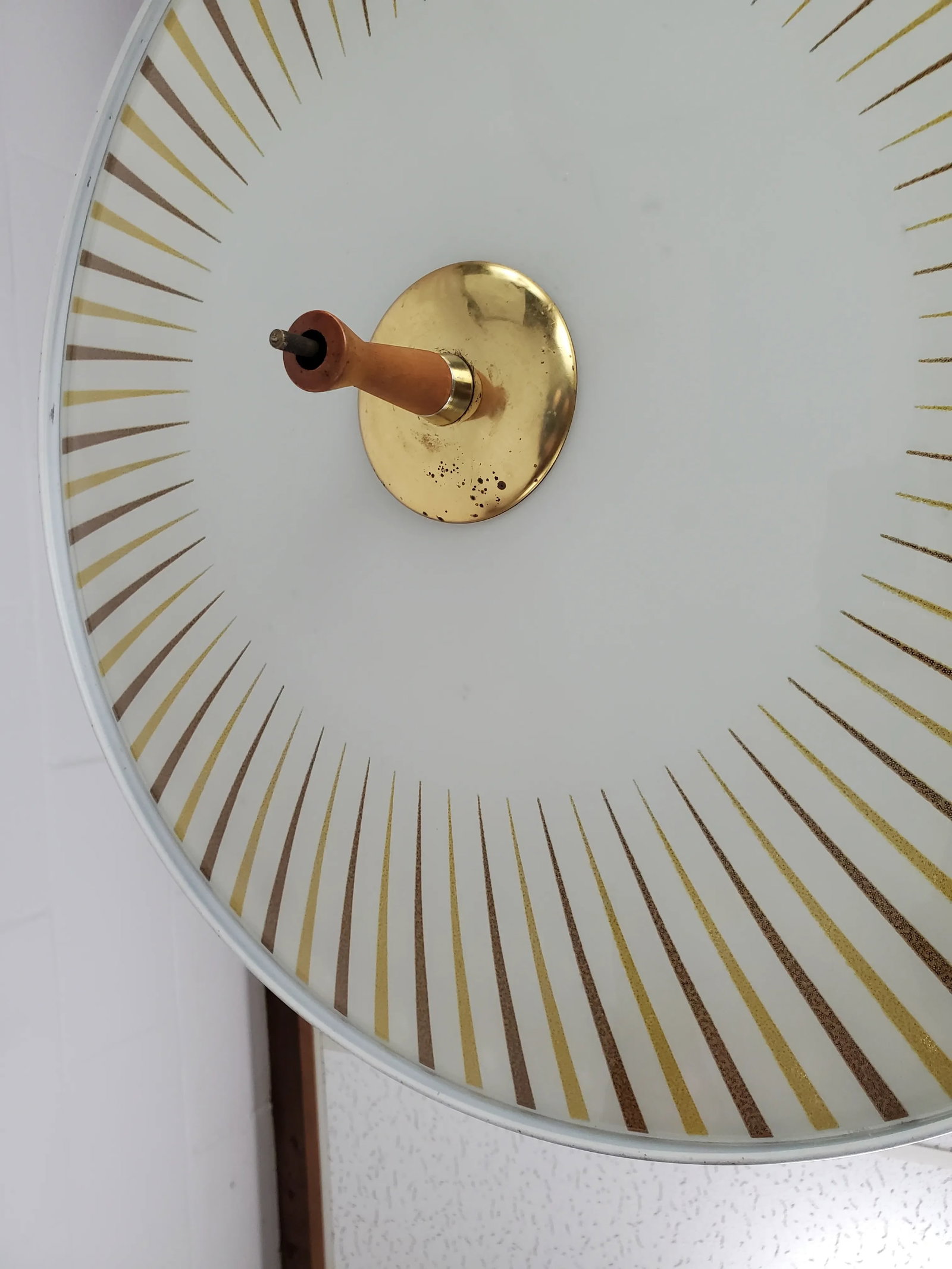 Large Mid-Century Brass & Frosted Glass Pull Retractable Saucer Pendant by Artolier - 4