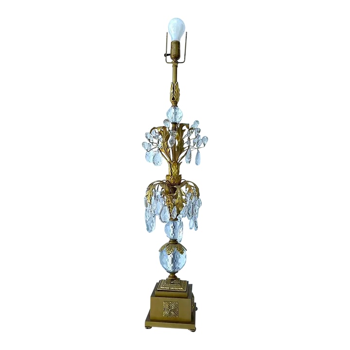 Tall Vintage Hollywood Regency Brass, Gold Gilt & Crystal Table Lamp: Beautiful tall vintage Hollywood Regency Brass, gold gilt & crystal table lamp. The lamp is in excellent condition and in working condition. The lamp is complete. The lamp is approximately 37 inches