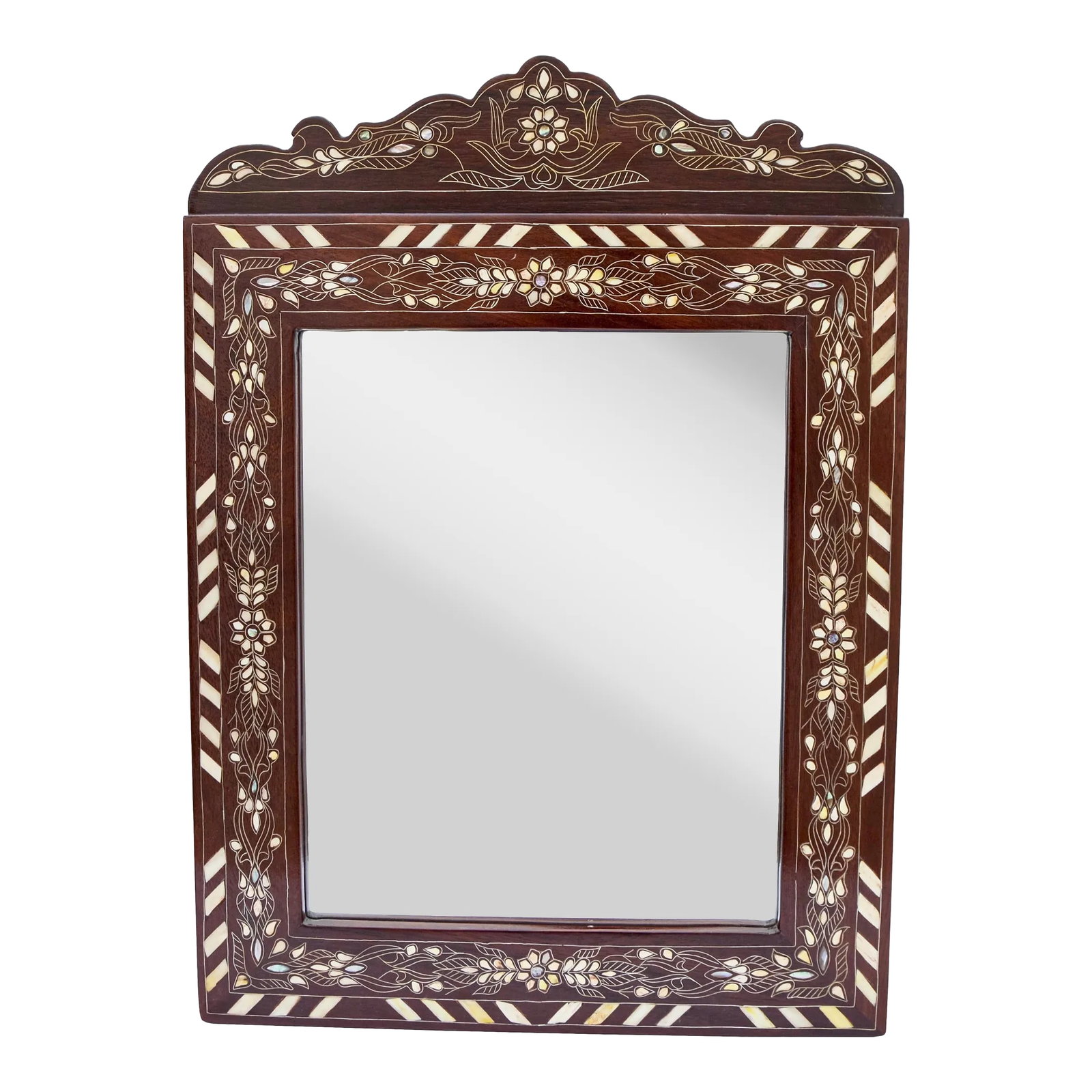 Vintage Moorish-Patterned Damascene-Inlaid Mother-Of-Pearl Mirror: Stunning vintage Syrian mirror thoughtfully handcrafted featuring an intricate hand-carved solid walnut wood with remarkable and elegant mother-of-pearl floral patten in colorful teals and blues,