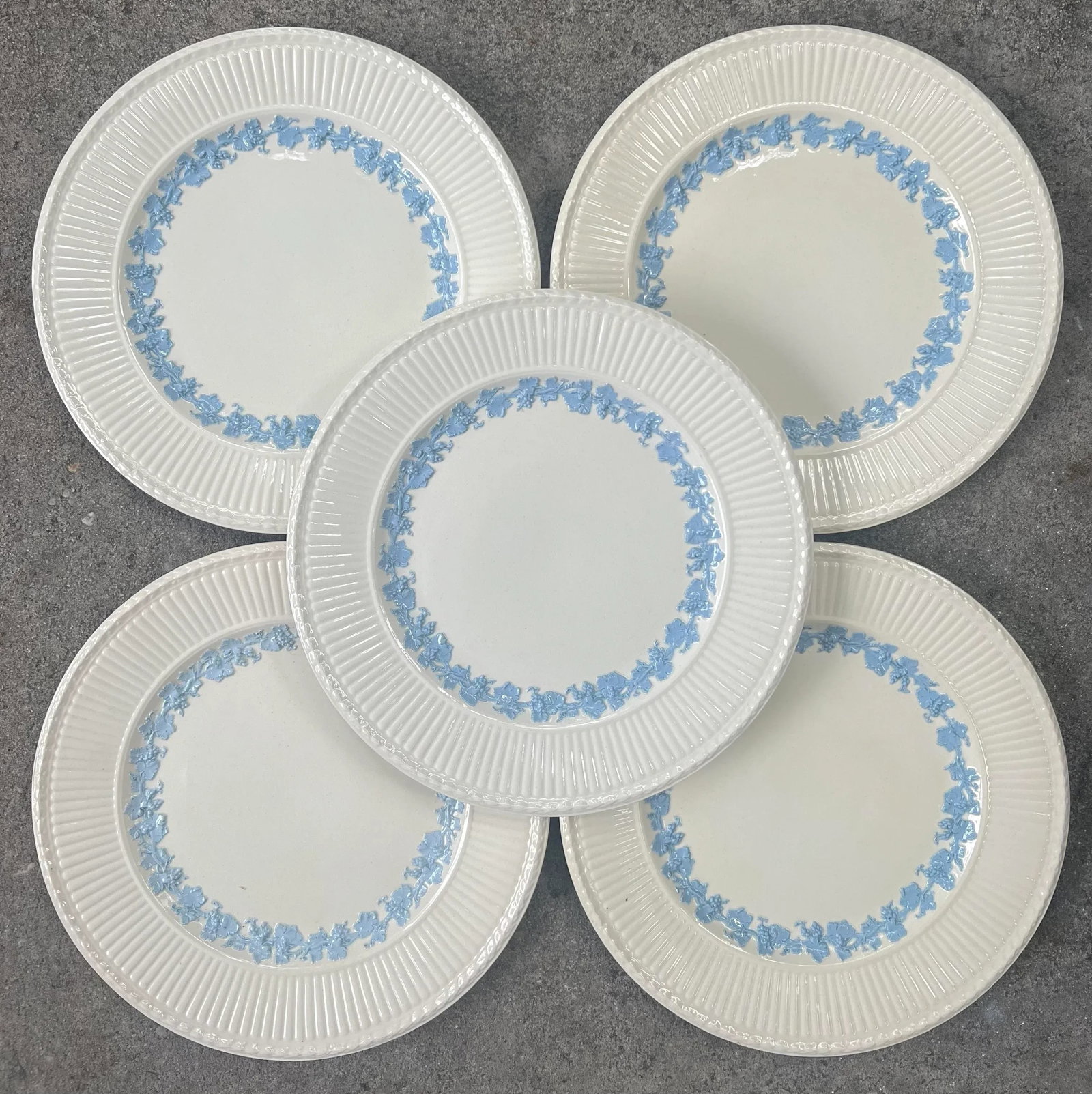 Antique Wedgwood Queensware "Edme" Plates in Light Blue Blue and Cream- Set of 5 - 9
