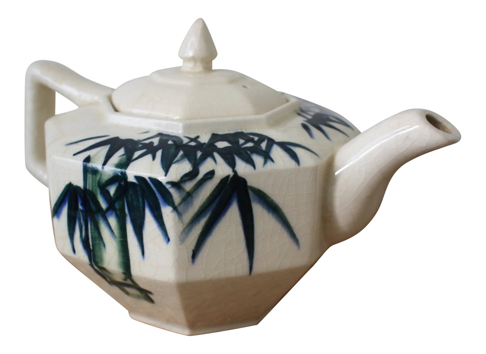 Chinoiserie Porcelain Teapot: Porcelain teapot with a bamboo motif! This old teapot is creamy white with a rich green bamboo motif painted on it. While it doesn't have any chips, it does have a lot of crazing on it, which I think