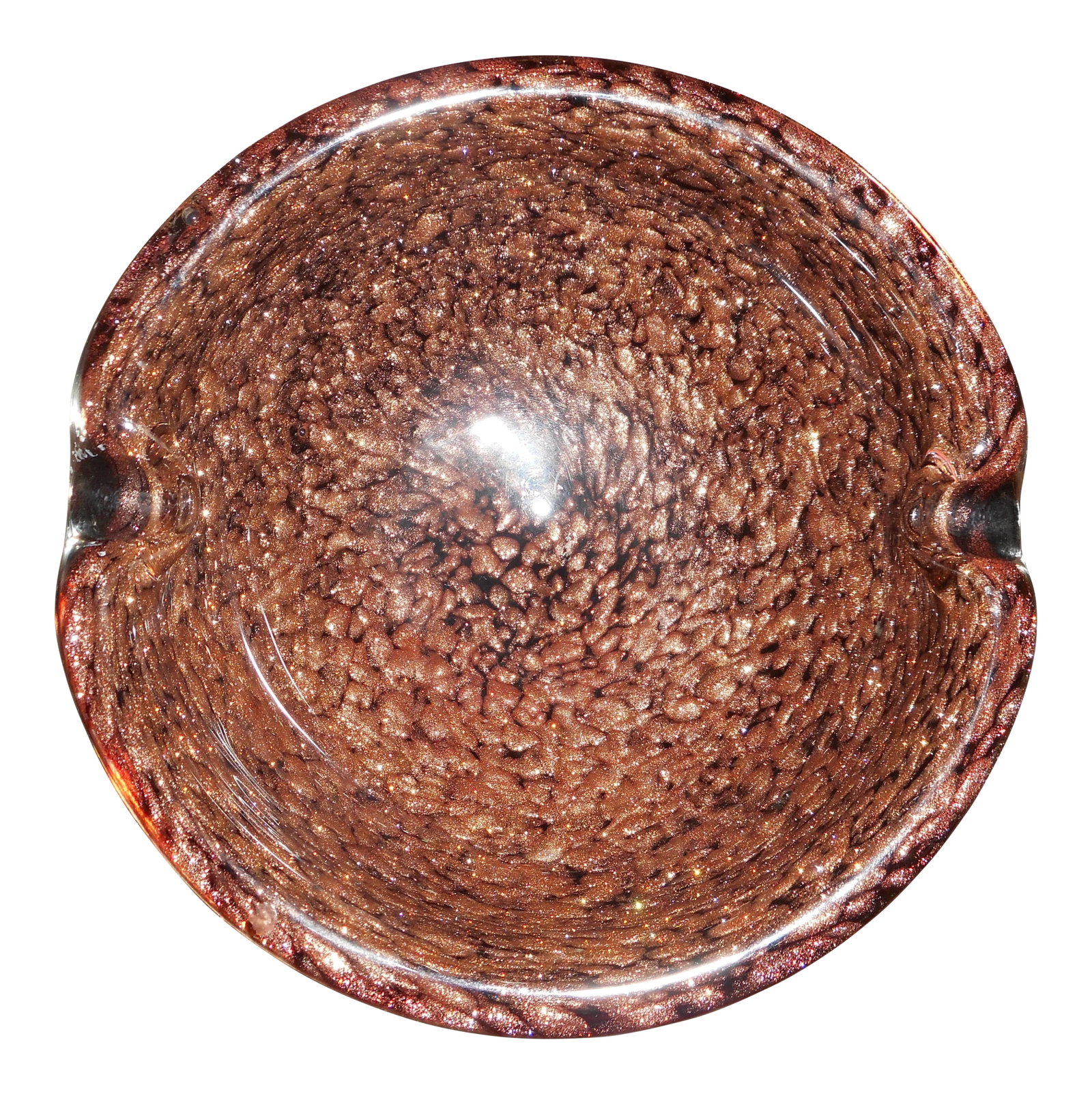 Murano Copper Fleck Bowl: This copper Murano bowl can be used for candy, nuts, vanity or catch all. There is a nice weight to the glass. Love the copper fleck throughout the bowl! Made circa 1970's. Condition: Alterations: Ori