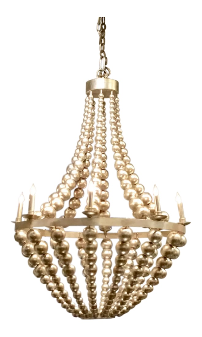 Currey & Co. Modern Silver Wood Bead Silvermore Chandelier: Original Retail $5400, modern wood bead chandelier finished in silver leaf, showroom floor sample Condition: Imperfections: Some Imperfections Condition Notes: showroom floor sample Creator: Brand: