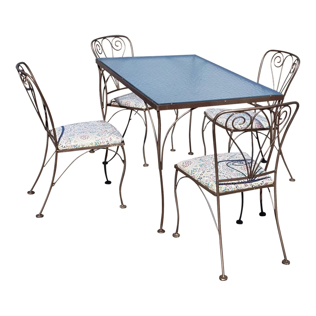Outdoor Vintage Wrought Iron Garden Set: Nice set ready for use. Has been painted a brown bronze color and seats have been recovered at some point. Original frosted glass top in great condition. This has been in family since new back in the
