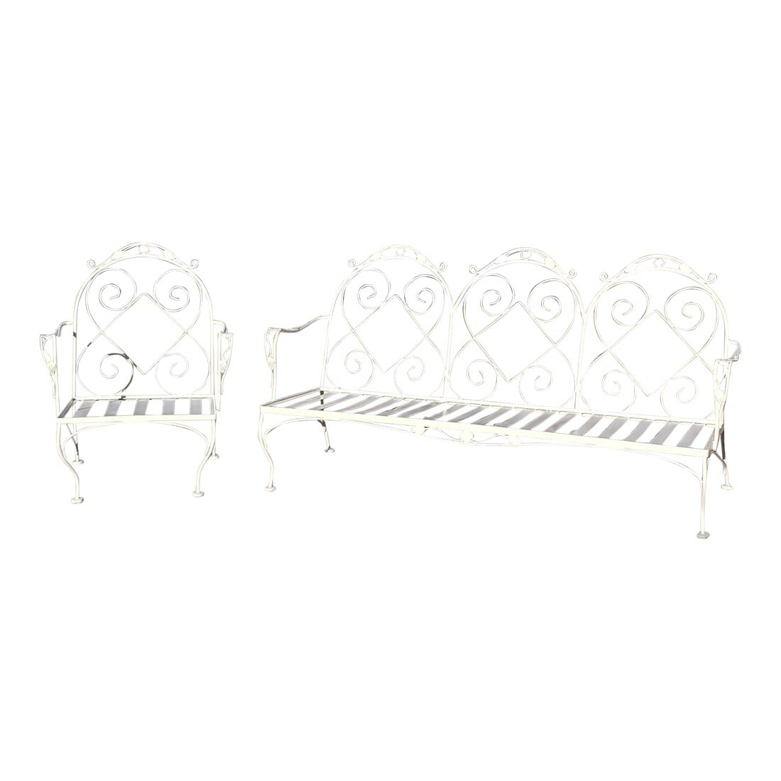 Meadowcraft Style Vintage Outdoor Wrought Iron Sofa and Chair: Meadowcraft Style Vintage Outdoor Wrought Iron Sofa and Chair. Quality outdoor furniture in great vintage condition. Very well made. Sturdy sofa with matching chair has been painted white. We used